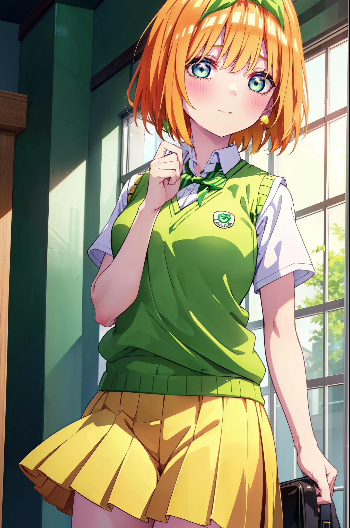 yotsubanakano, yotsuba nakano, bangs, short hair, blue eyes, hair between eyes, hair ribbon, hair band, orange hair, (green ribbon:1.5), smile,tears run down her face,Crying with joy,blush,smile,
Mikan Yuki skirt, shirt, bow, ribbon, , white shirt, short sleeve, pleated skirt, shoes, shoes下, collared shirt, mini skirt, bowtie, black footwear, knee high, green skirt, black shoes下, loafers, green bow, sweater vest, green ribbon, (yellow sweater vest:1.5),evening,sunset,
break indoors, classroom,
break looking at viewer, (cowboy shot:1.5),
break (masterpiece:1.2), highest quality, High resolution, unity 8k wallpaper, (figure:0.8), (detailed and beautiful eyes:1.6), highly detailed face, perfect lighting, Very detailed CG, (perfect hands, perfect anatomy),