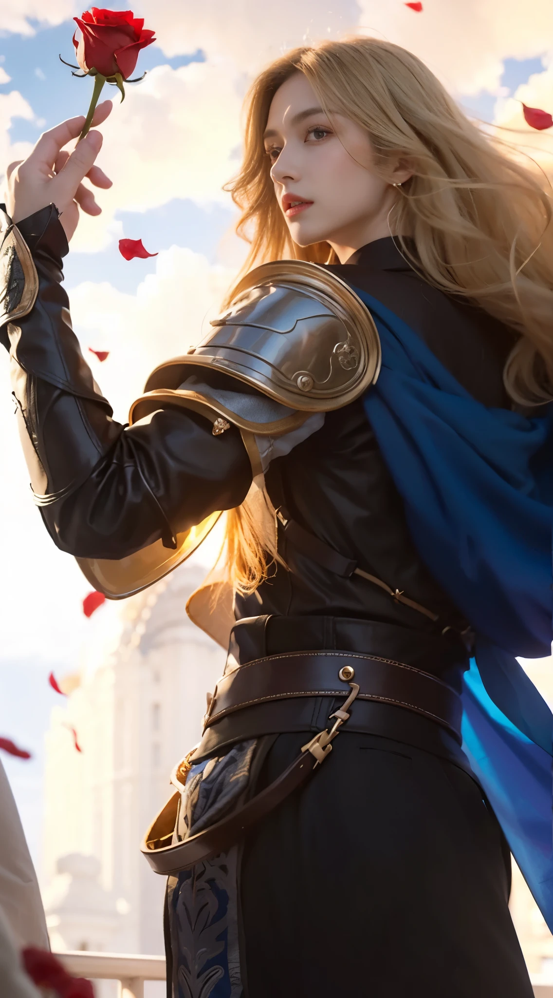 a realistic picture of a boy, holding a rose in his hand, handsome, charismatic stand, blonde long hair, a prince of a kingdom
