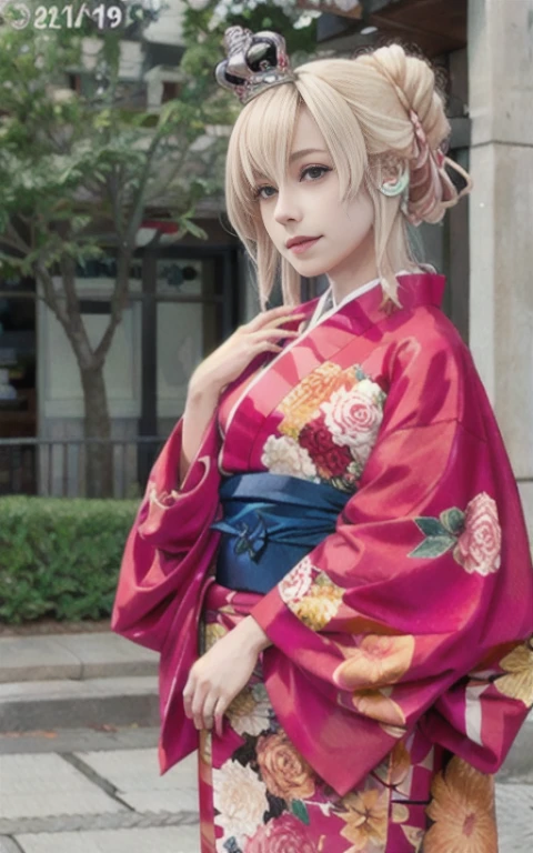 KonishiCSA,masterpiece,  highest quality, 1 girl, alone, BREAK,(Warspite NY), long kimono, red kimono, blonde, hair flower, short hair, alternative costume, Floral,  Furisode,  kimono, mini crown,BREAK.