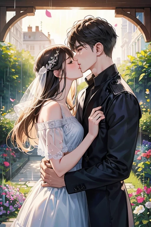 (1.5 SD men and women, A romantic and sweet encounter, Height difference, light hair color and dark hair color, kiss, rain, flower garden, sharp details, high quality),
two individuals, One man and one woman, with a Height difference, Come join me for a tender and romantic moment. men&#39;s hair color is bright, While the woman&#39;s hair is dark. They find themselves under the gentle patter of rain, Droplets glitteringly reflect on your face. 彼女の唇が彼の唇と情熱的なkissを交わす, Their faces were filled with love and longing.. The view is blue々としたflower gardenの美しさに囲まれています, Wet ground in the background、The petals are clearly visible
