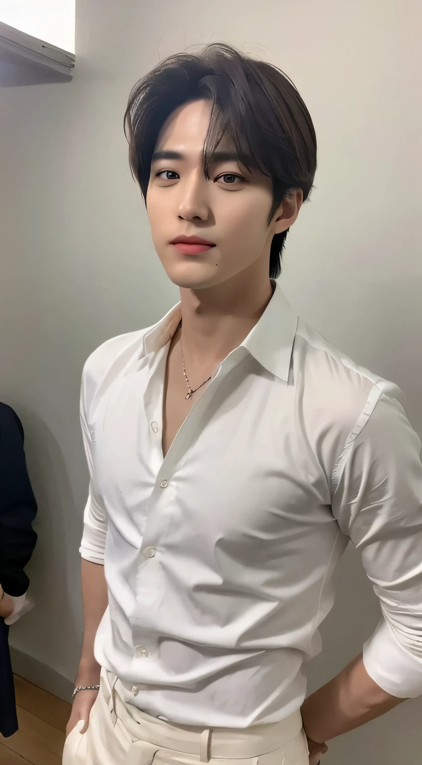 front face, (Super cool S class boy)、Kim Taehyung、 20 year old korean boys、Syoung handsome man、 full body photo、 (CG Unity 8K high-definition photos)、 (very detailedShandsome man in class)、 (Photoreal)、 ((highest quality))、 Super detailed、 (masterpiece)、 Super high quality、 short hair、 bright pictures、 Handsome guy like a model、 Handsome like an idol、 ,((positive:1.5)), K-POP, white background, ((super realistic photos:1.5)), muscular, masculine,high school teacher、white dress shirt、black pants、classroom