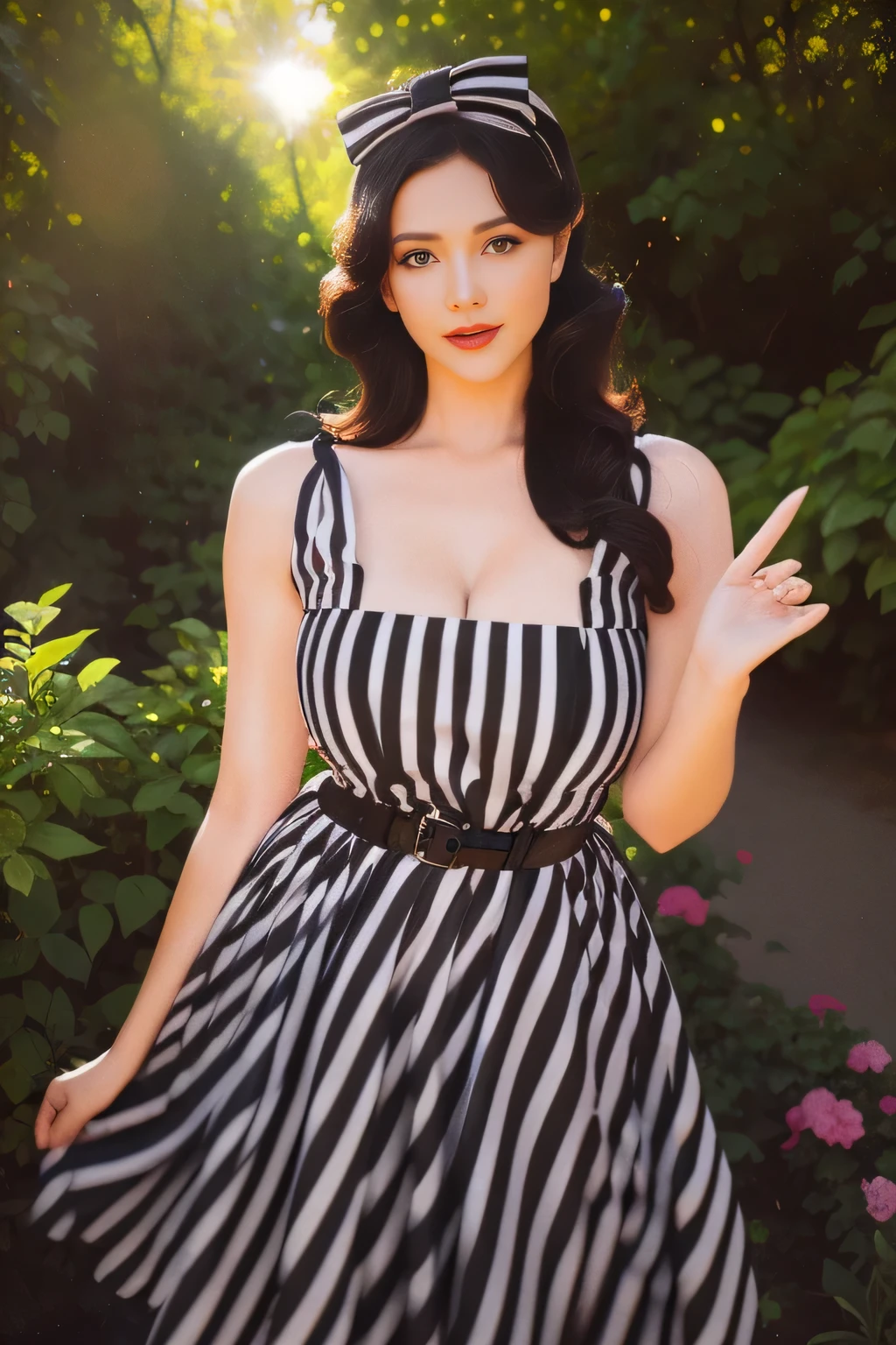 beautiful girl ,Russian Female Model, dynamic poses, smile, (Striped Vix Retro Collared Dress), striped headband, Long bob wave hair,black eyes,abdominal muscles, plumpy body, rounded breast, cleavage, (medium breast:1.3), Morning sunshine,Eyes on the audience,  (dynamic poses), ((face details)),Double eyelids, reeds, realistic, masterpiece, highest quality, lens flare, vintage, vintage style, Retro, Retro style, shade, bloom, outdoor background, [[chromatic aberration]], by Jeremy Lipking, by Antonio J. Manzanedo, digital painting, HDR, high contrast, Retro Film Camera