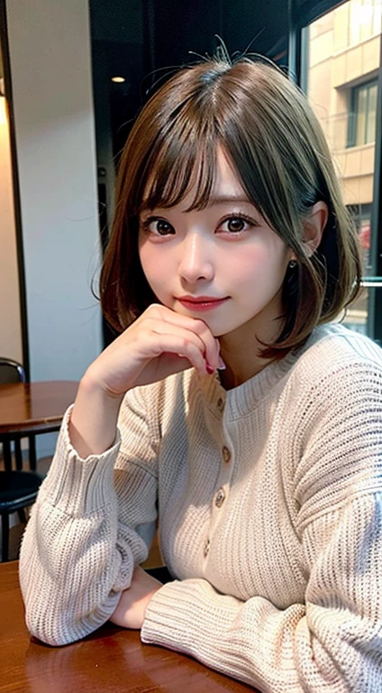 (8K, Raw photo:1.2)detailed face and eyes,最high quality, 超A high resolution, very detailed ,intricate details ,table top ,pretty girl , soft movie-like light, hyper detail,sharp focus, high quality, blonde hair, bob cut, outside,knit dress, cross your legs, panties