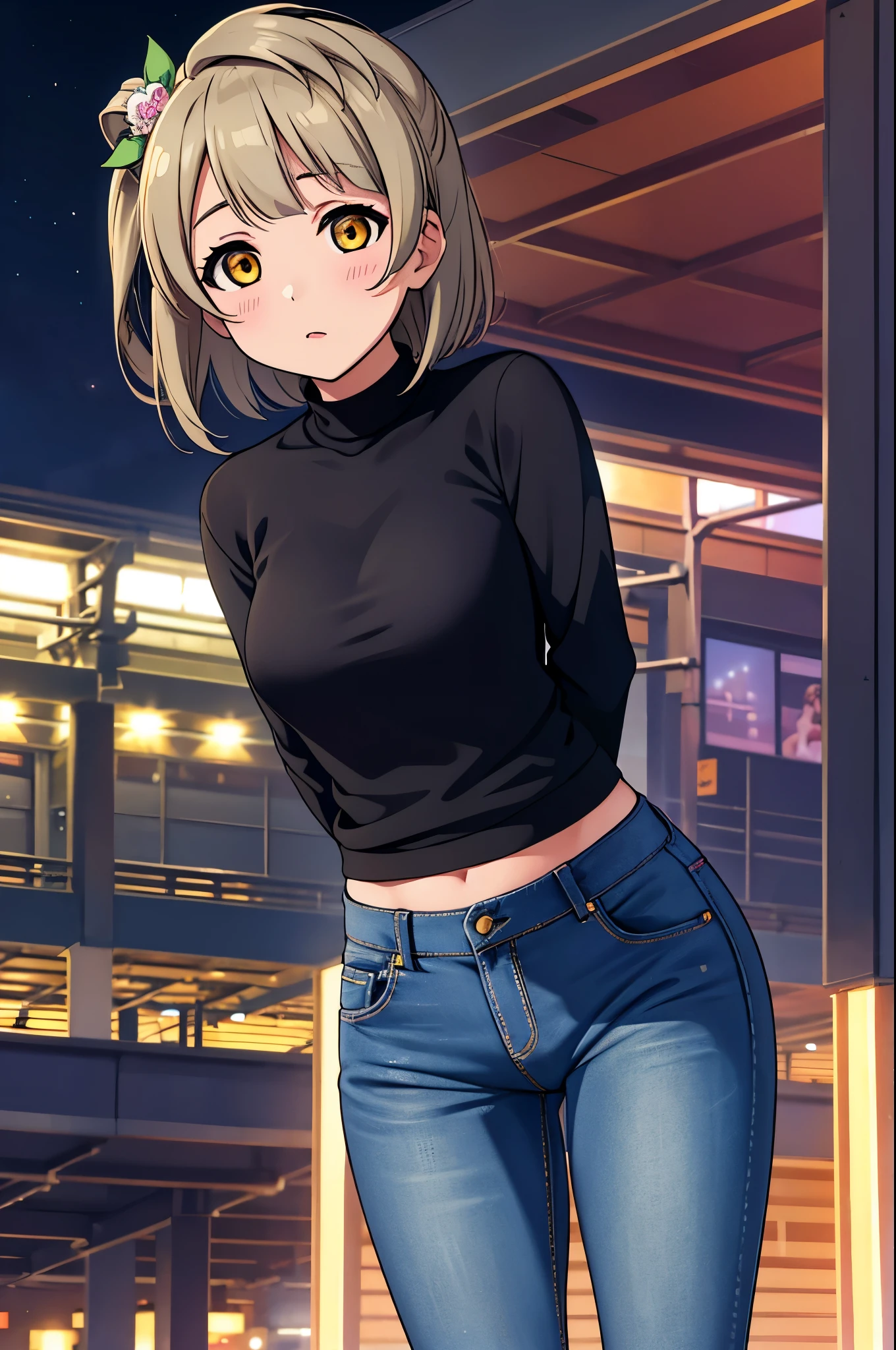 Kotori Minami, night, train station, tight jeans pants,sweater top,arms behind back, short hair, hair ornament, crotch lines, upper body،yearning 