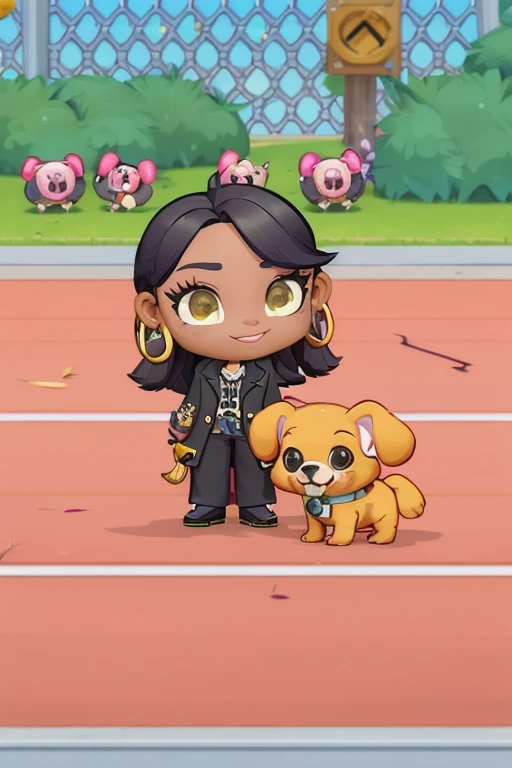 beautiful girl with a dog on a track in a park, fursona wearing stylish clothes, wearing a fancy jacket, pet animal, holding a gold! cane!, casually dressed, very stylish, lol, puppies, by Bob Singer, very stylized, style of maple story, by Olivia Peguero, cute art style, fashion gameplay screenshot, inspired by Bob Singer