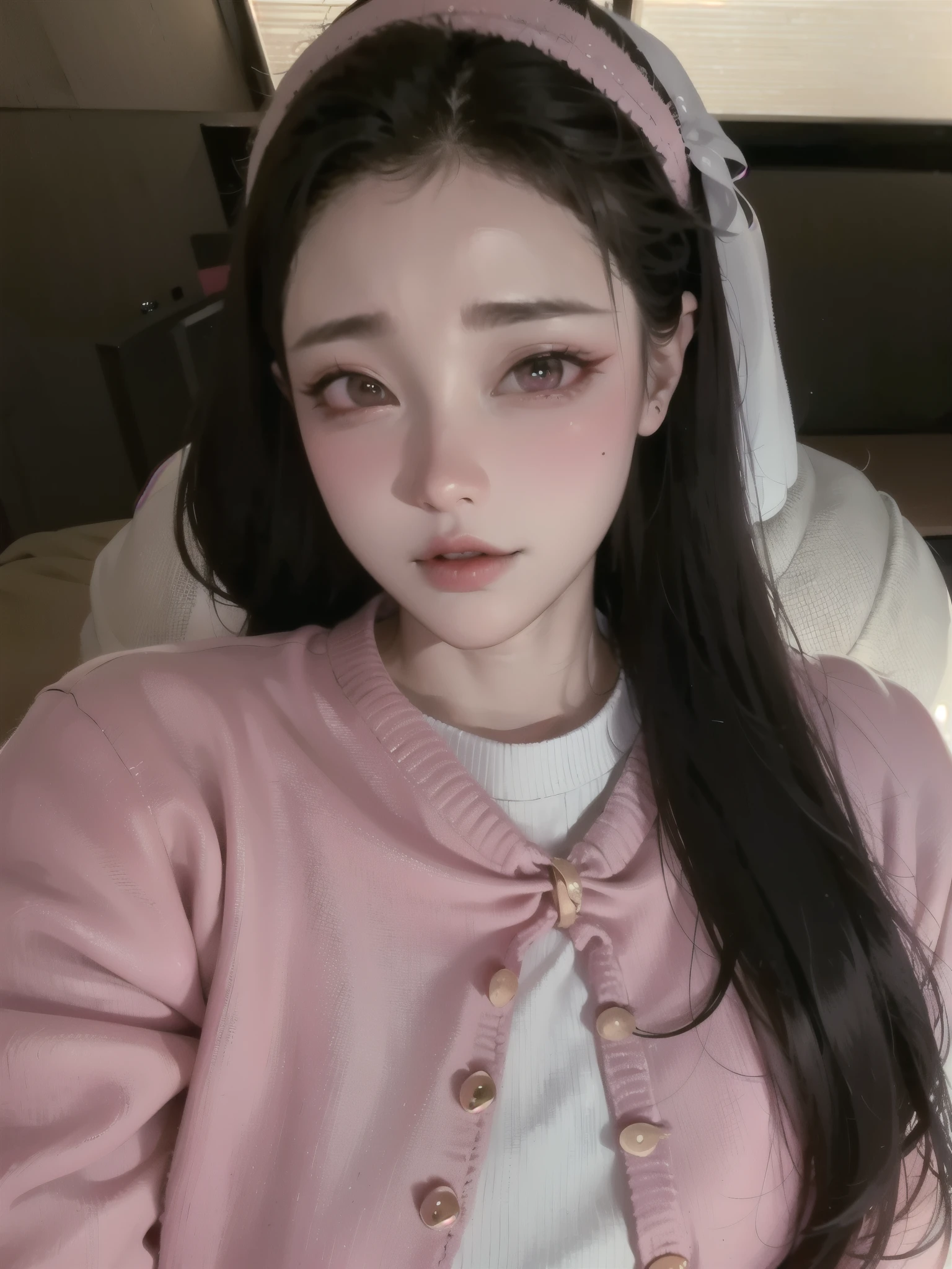 a close up of a woman wearing a pink sweater and a pink headband, ulzzang, young adorable korean face, gorgeous young korean woman, beautiful south korean woman, korean girl, popular korean makeup, wan adorable korean face, popular south korean makeup, young cute wan asian face, beautiful young korean woman, cute korean actress, belle delphine