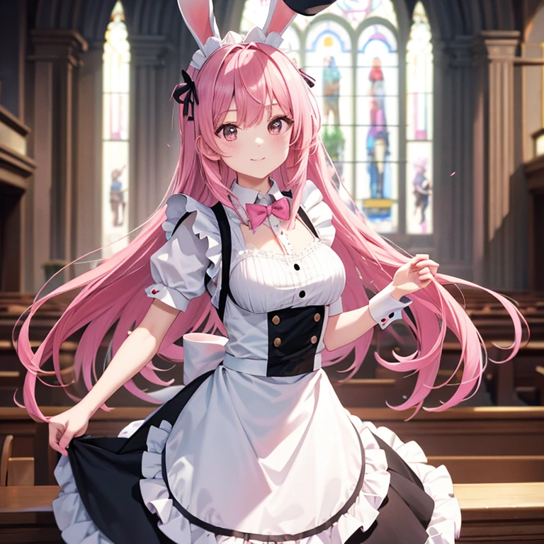 highest quality、masterpiece、8K、church、bunny maid、rabbit ears、pink hair