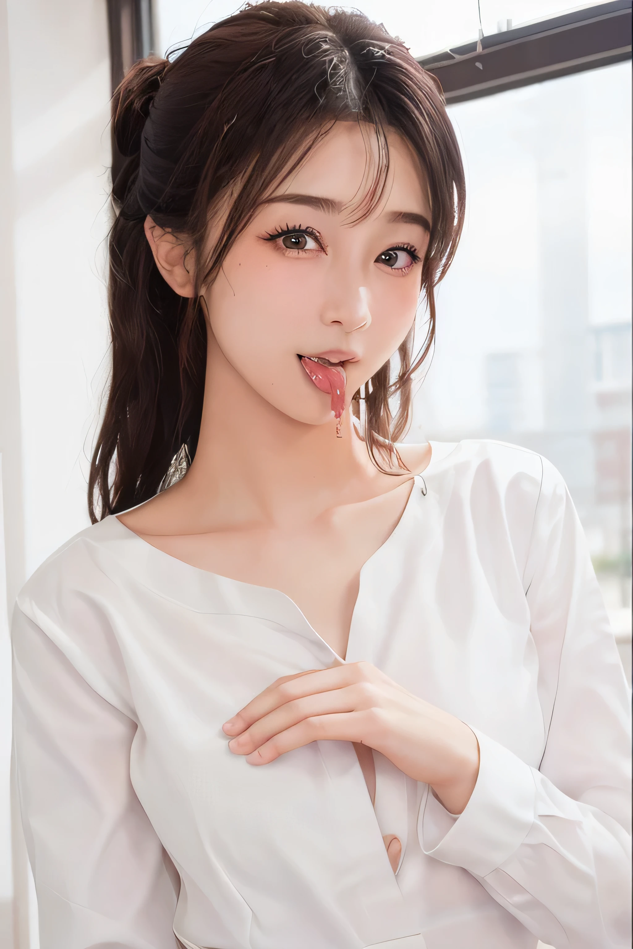 (masterpiece, highest quality, 8K, super dense skin, highly detailed eyes, highly detailed eyes, super detailed nose:1.4), 1 girl,  brown eyes、above the neck、breast enhancement、JK uniform, wearing japanese , japanese girl uniform, japanese , wearing, wearing , (((ＢCup Chest)))、(((I&#39;thin)))、cute woman 24 years old、 (((small breasts)))、(((thin)))、(((8 life size)))、girl in uniform, magic , seifuku, cute high school girl, hyperrealistic , a hyperrealistic , realistic , magic 、((((tongue licking)))、cute female teenager