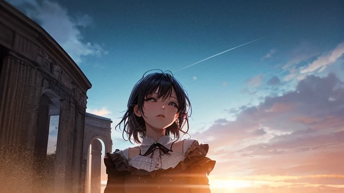 a gothic girl on a cemetery looking up at the sky, magical whirlpool in the sky on background, dramatic light, anime opening style, brilliant quality render, intricate details, dynamic shot, dutch angle, unreal engine 5, 8K
