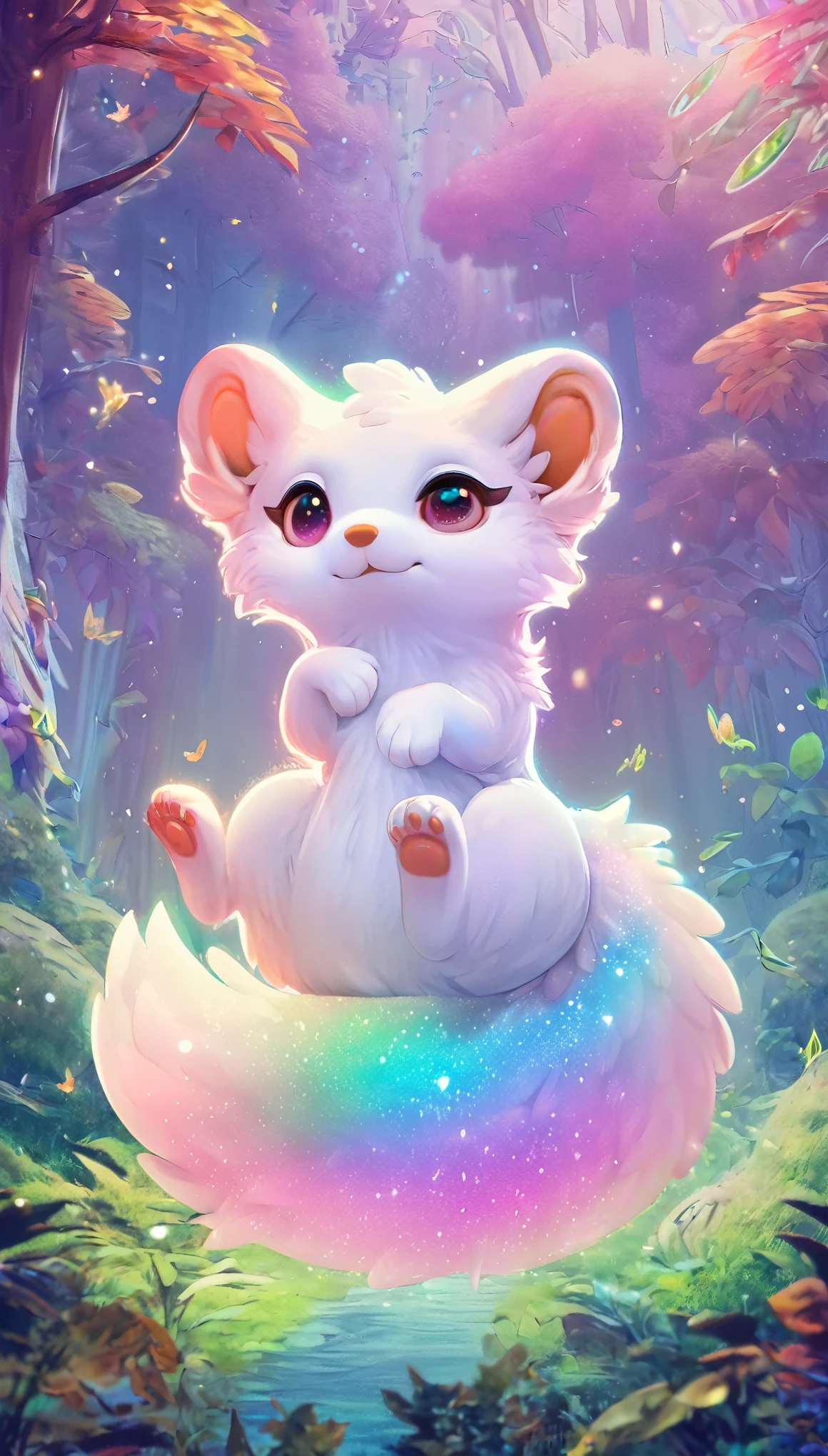 super deformed, furry, funny, best quality, super fine, 16k, white fluffy cute weasel, dumb look, cute pose, in the forest, fantasy world image, fantastic and mysterious, variety of visual styles that combine various artistic elements like a sparkling iridescent pastel and vivid colors