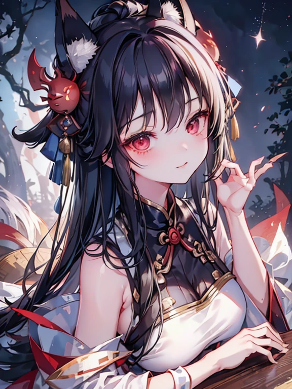depth of field,A girl wearing a fox mask sits on the roof of an izakaya buried in rubble,miko,black hair,long hair,red eyes,red moon,shiny skin,(smirk),(close-up:1.3),outstretched arm