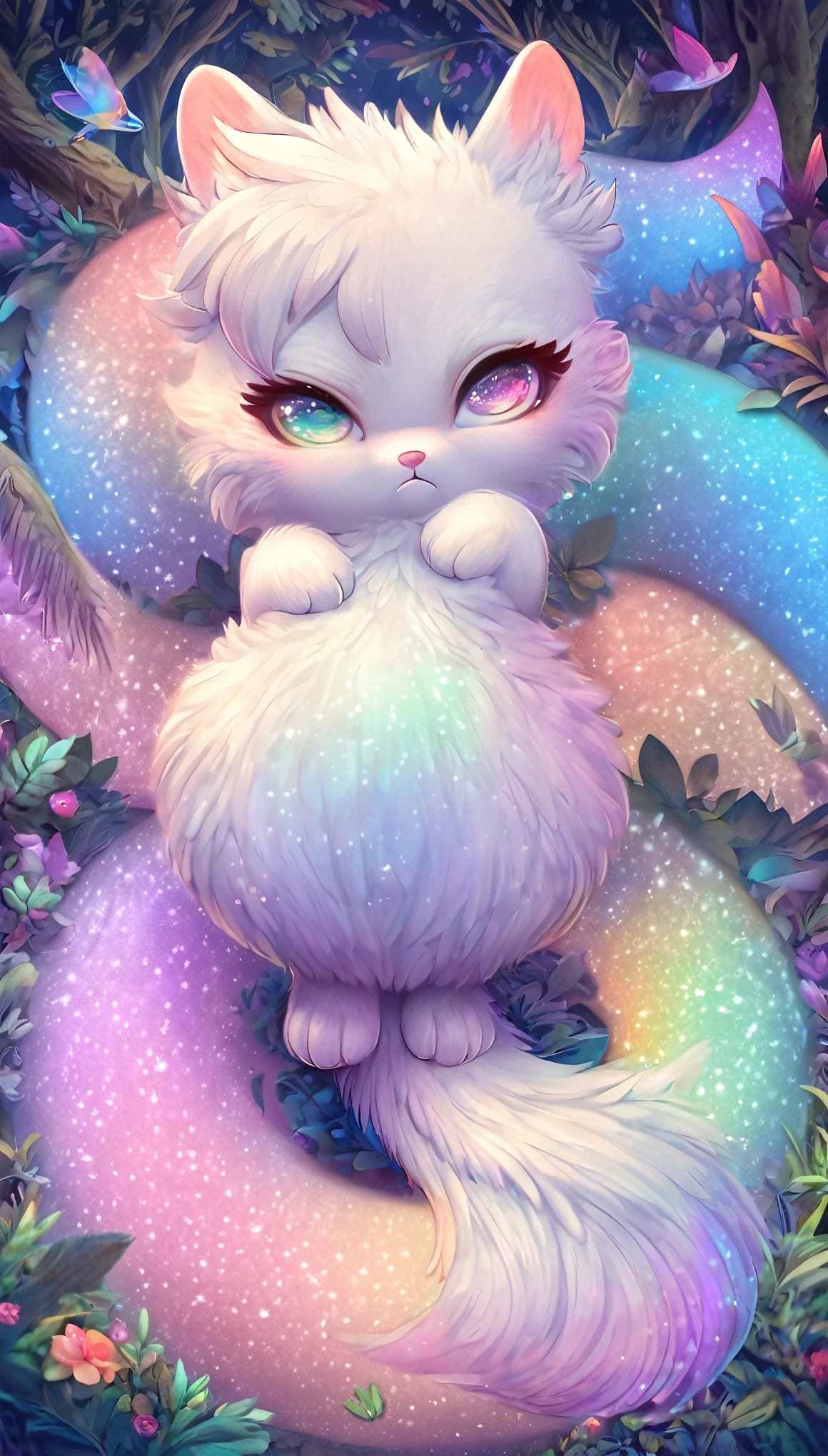 super deformed, furry, funny, best quality, super fine, 16k, white fluffy cute weasel, pouting expression, cute pose, in the forest, fantasy world image, fantastic and mysterious, variety of visual styles that combine various artistic elements like a sparkling iridescent pastel and vivid colors