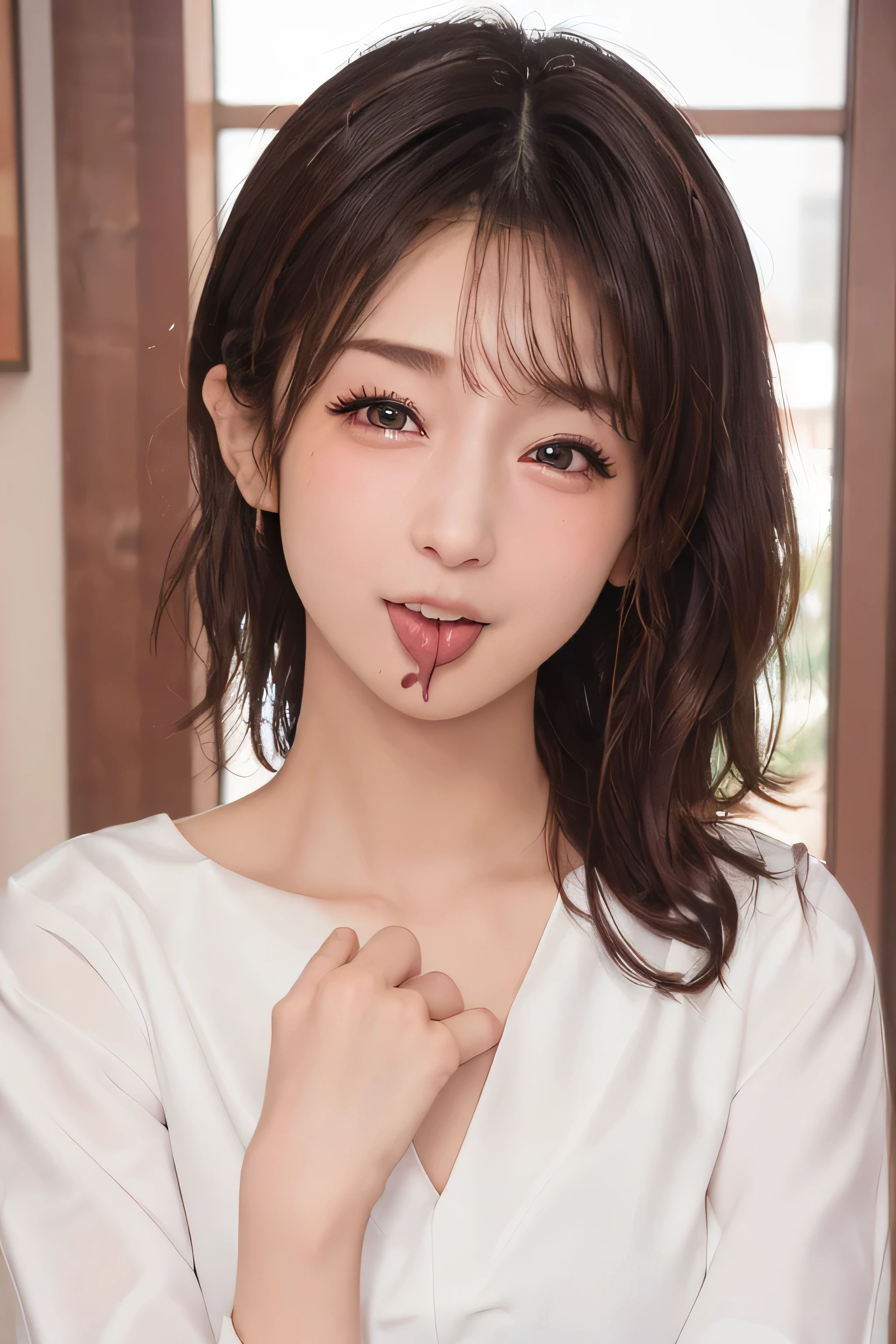 (masterpiece, highest quality, 8K, super dense skin, highly detailed eyes, highly detailed eyes, super detailed nose:1.4), 1 girl,  brown eyes、above the neck、breast enhancement、JK uniform, wearing japanese , japanese girl uniform, japanese , wearing, wearing , (((ＢCup Chest)))、(((I&#39;thin)))、cute woman 24 years old、 (((small breasts)))、(((thin)))、(((8 life size)))、girl in uniform, magic , seifuku, cute high school girl, hyperrealistic , a hyperrealistic , realistic , magic 、((((tongue licking)))、cute female teenager