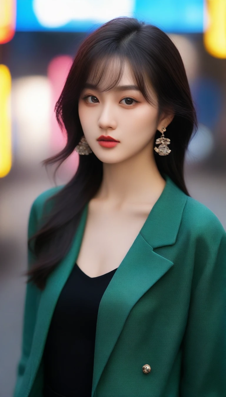 (best quality,ultra-detailed,realistic:1.37),high-res,portrait,digital painting,Asian fashion style,black-haired girl,beautiful detailed eyes,beautiful detailed lips,slim figure,stylish outfit,modern city background,vibrant colors,soft lighting,urban setting
