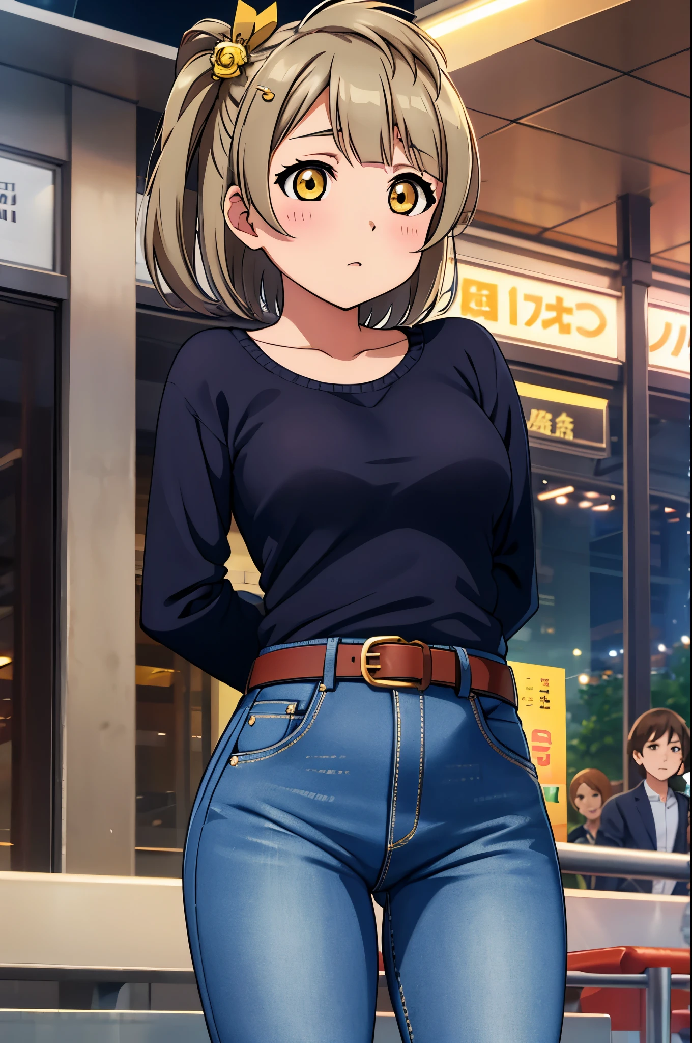 Kotori Minami, night, train station, tight jeans pants,sweater top,arms behind back, short hair, hair ornament, crotch lines, upper body،yearning , cute girly belt