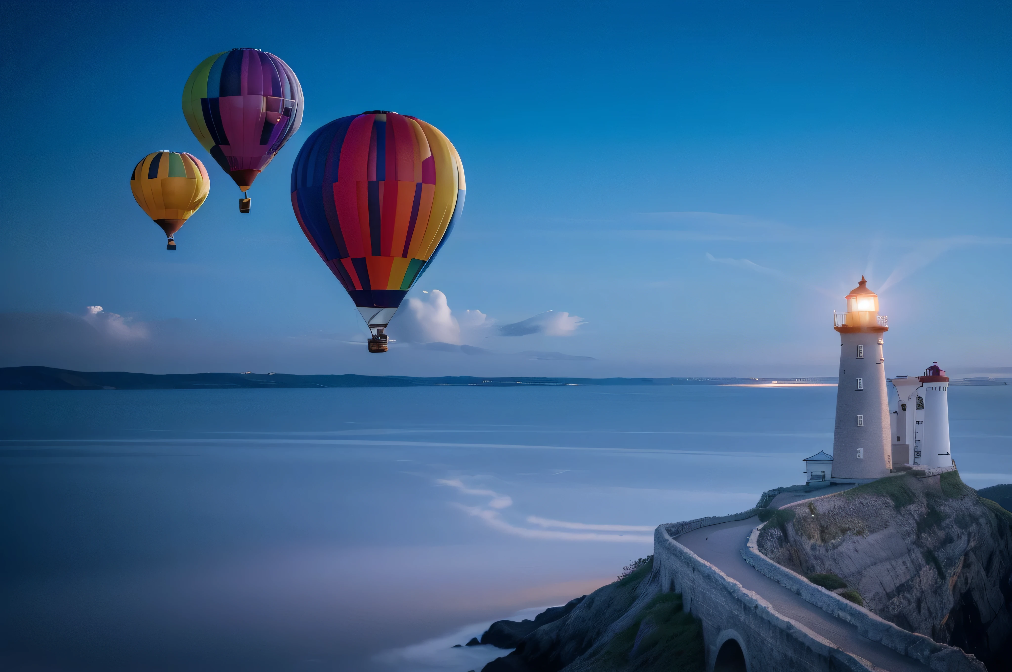 there are three hot air balloons flying over a lighthouse, hot air balloons, hot air balloon, night setting, morning glow, as an air balloon, balloon, portrait shot, blue hour photography, hanging from a hot air balloon, photography shot at blue hour, pexels contest winner, by Raymond Coxon, dusk setting, by Raphaël Collin, balloons