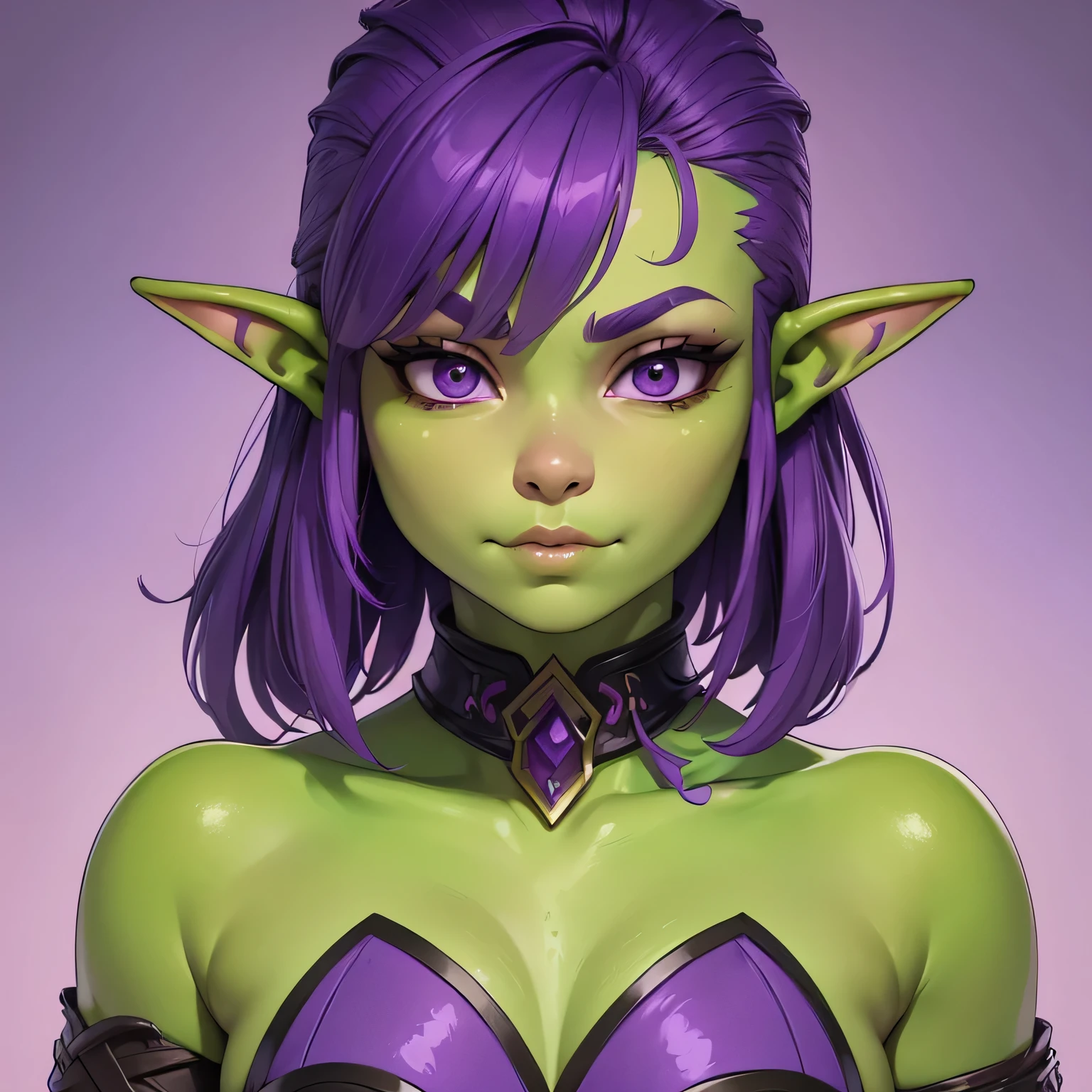 ((Masterpiece)) ((Perfect Face)) ((Beautiful)) ((Tall)) ((Muscular Figure)) ((Goblin Woman)) ((Green Skin)) ((Short Purple Hair Shaved on the Sides)) ((Purple Eyes)) ((Round Face)) ((Pretty)) ((Soft Features)) ((Happy)) ((Feminine Face)) ((Full Lips)) ((Cute Nose))