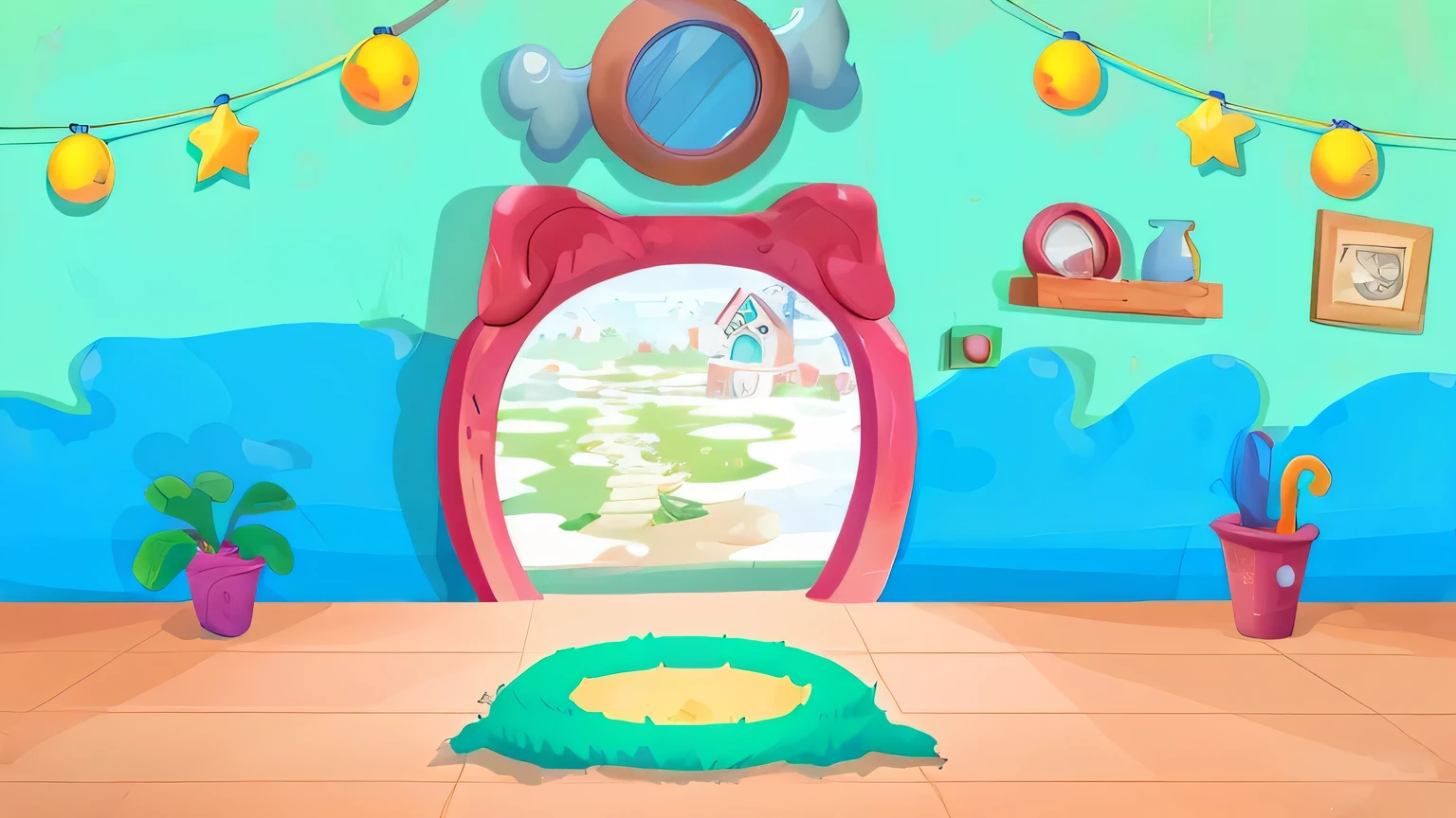 cartoon room with a mirror and a rug on the floor, magic lab background, in a candy land style house, mobile game background, alien room background, cartoon moody scene, game illustration, stylized digital illustration, background art, mobile game art, cartoon style illustration, 2 d game art background, interior background art, screenshot from game, rounded house and cute character