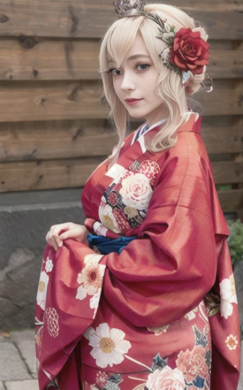 KonishiCSA,masterpiece,  highest quality, 1 girl, alone, BREAK,(Warspite NY), long kimono, red kimono, blonde, hair flower, short hair, alternative costume, Floral,  Furisode,  kimono, mini crown,BREAK.