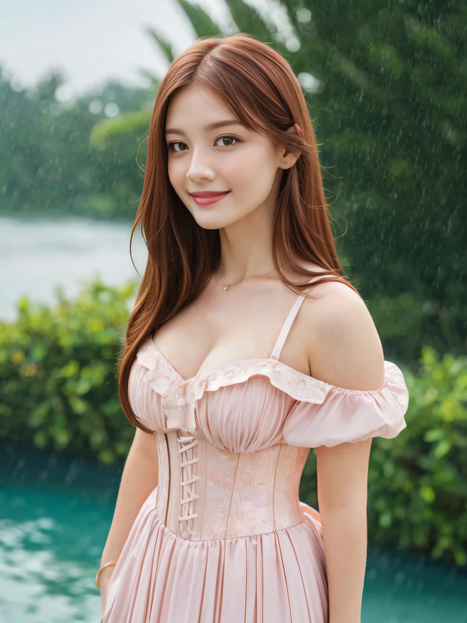 (masterpiece:1.2,highest quality),Photographed with an ultra-wide-angle lens,blur the background, Raining background,1 High school girl,emphasizes the chest,(medium breasts),Cute ,auburn hair,detailed and beautiful eyes,blushing face,healthy skin,looking at the viewer,smile,(resort scenery),8K resolution, seductive V neck corset