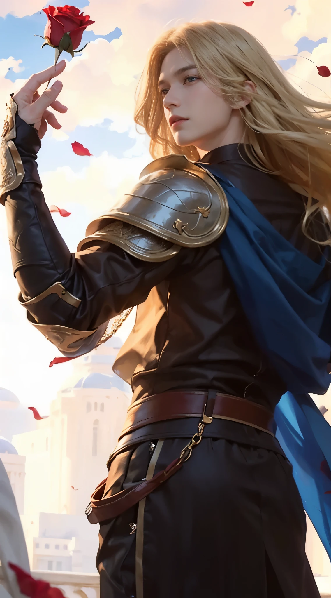 a realistic picture of a boy, holding a rose in his hand, handsome, charismatic stand, blonde long hair, a prince of a kingdom, detailed face