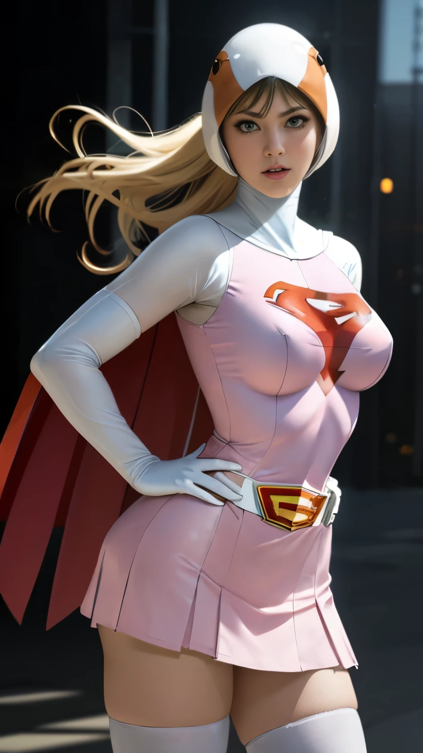 raw photo,realistic,beautiful woman、Jun、straight,Pause,looking at the viewer,break, Year_classic_Jun_Gatchaman_my wife,www.my wife.and, long hair,beautifulface、素face、face面見えている、SHIELDThere is no、ミニ超ミニskirt、white panties、raw photo,realistic,beautiful woman、Jun、straight,Pause,looking at the viewer,break,
Year_classic_Jun_Gatchaman_
long hair,chest,green eyes,lips,medium chest,blonde hair,lipstick,compensate,
gloves,cape,Helmet,belt,elbow gloves,white gloves,mask,skirt,leotard,Spacesuit,white legwear,pink dress,superhero,body suit,
official art,Highly detailed CG Unity 8K wallpaper, perfect lighting,colorful, bright_front_face_lit,shiny skin, (masterpiece:1.0),(Highest_quality:1.0), 超High resolution,4k,Super detailed, photo shoot, 8K, HDR, High resolution, (disorganized:1.2), kodak portrait 400, film grain, blurred background, (Bokeh:1.2), Lens flare, (lively_color:1.2),professional photos, (beautiful_face:1.5),
