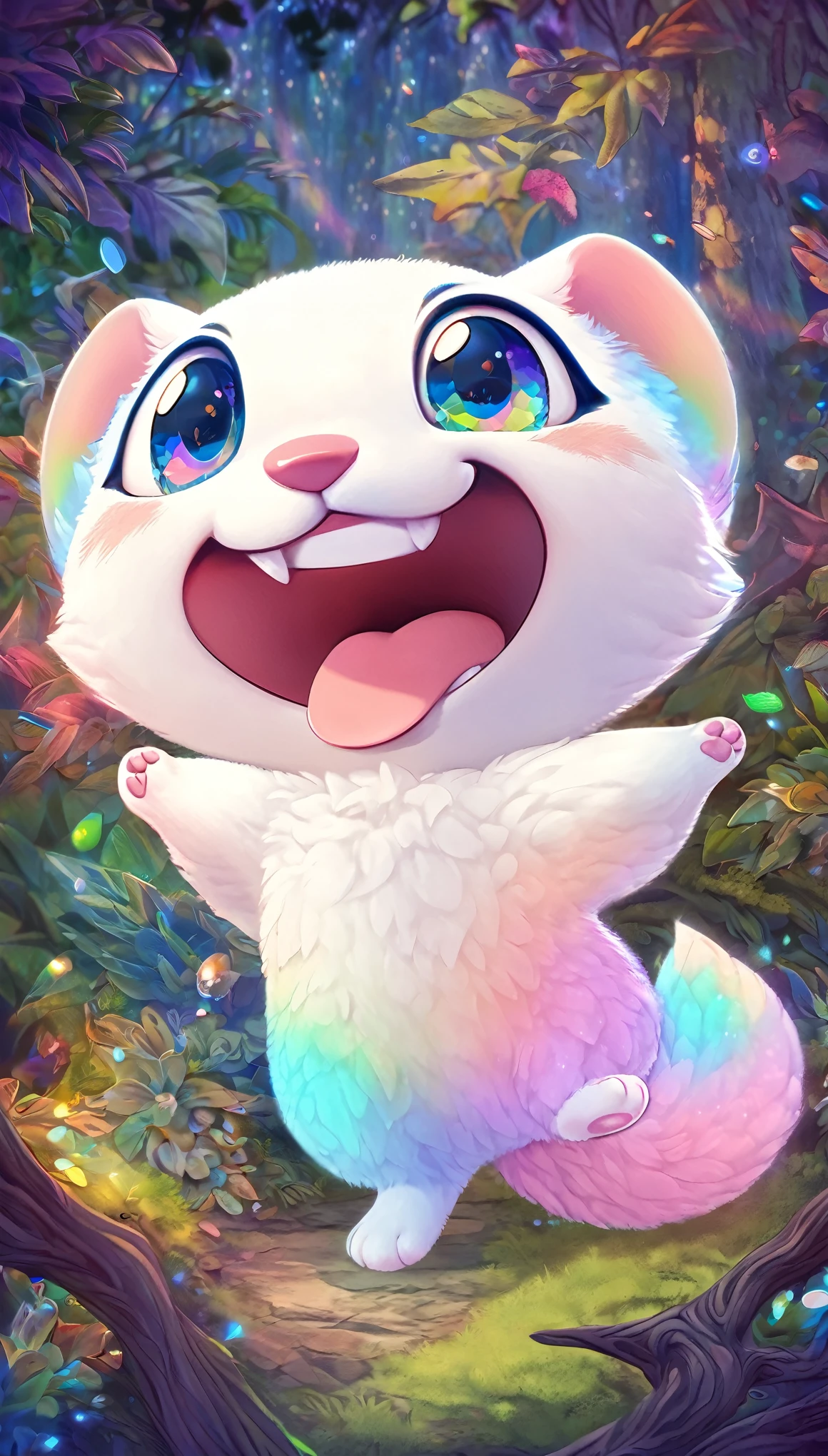 super deformed, furry, funny, best quality, super fine, 16k, white fluffy cute weasel, big laughing expression, cute pose, in the forest, fantasy world image, fantastic and mysterious, variety of visual styles that combine various artistic elements like a sparkling iridescent pastel and vivid colors