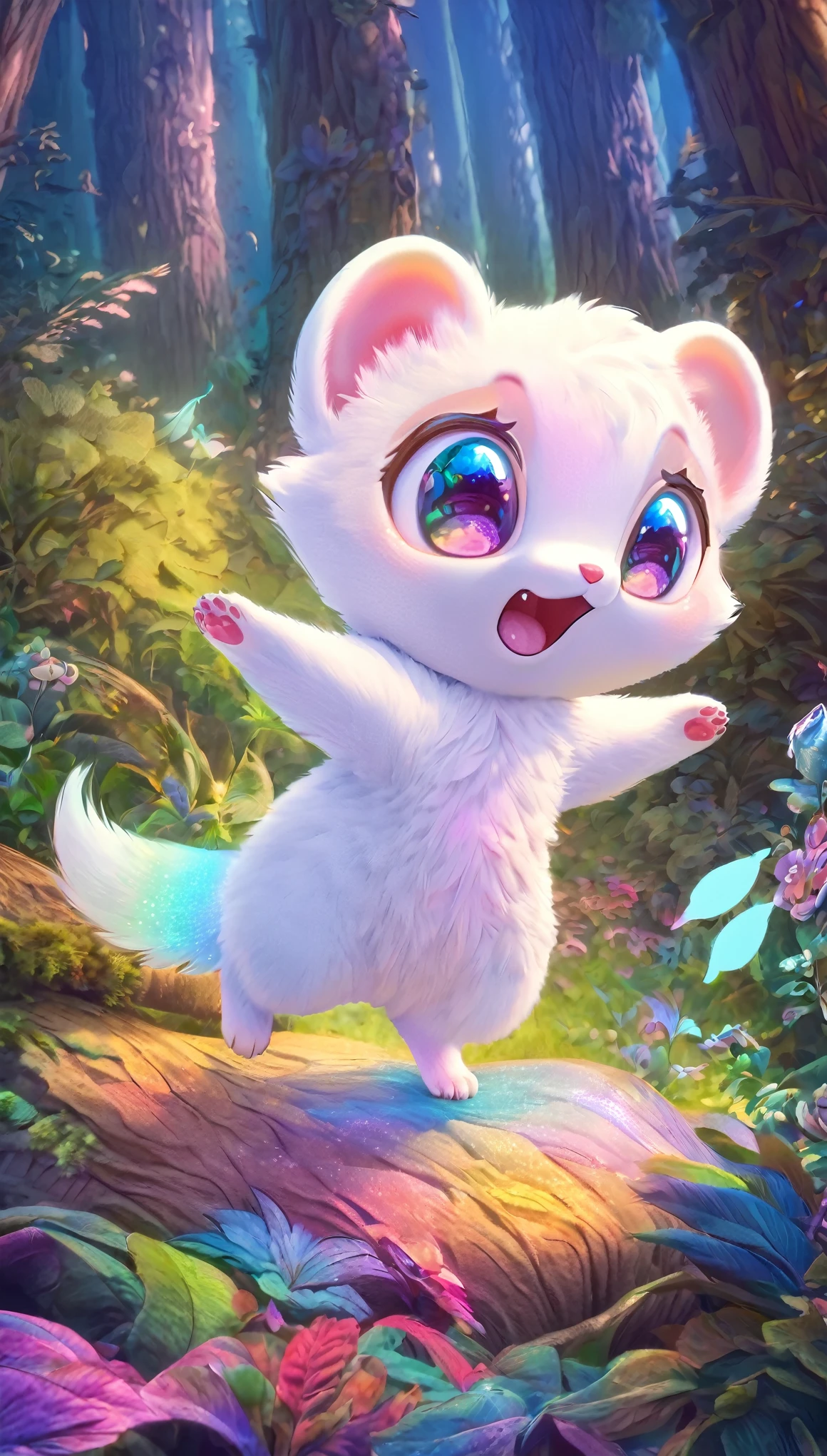 super deformed, furry, funny, best quality, super fine, 16k, white fluffy cute weasel, surprised expression, cute pose, in the forest, fantasy world image, fantastic and mysterious, variety of visual styles that combine various artistic elements like a sparkling iridescent pastel and vivid colors