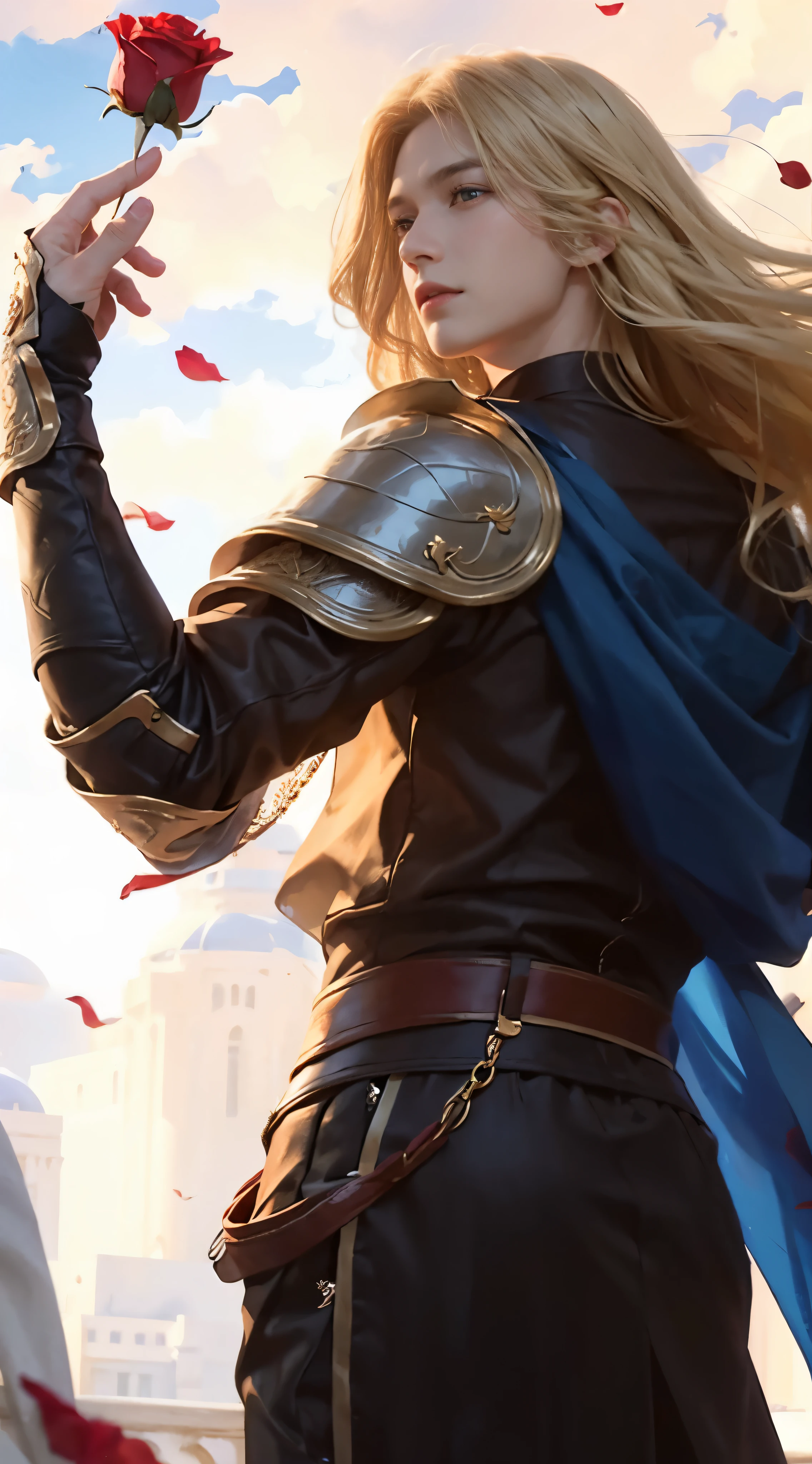 a realistic picture of a boy, holding a rose in his hand, handsome, charismatic stand, blonde long hair, a prince of a kingdom, detailed face