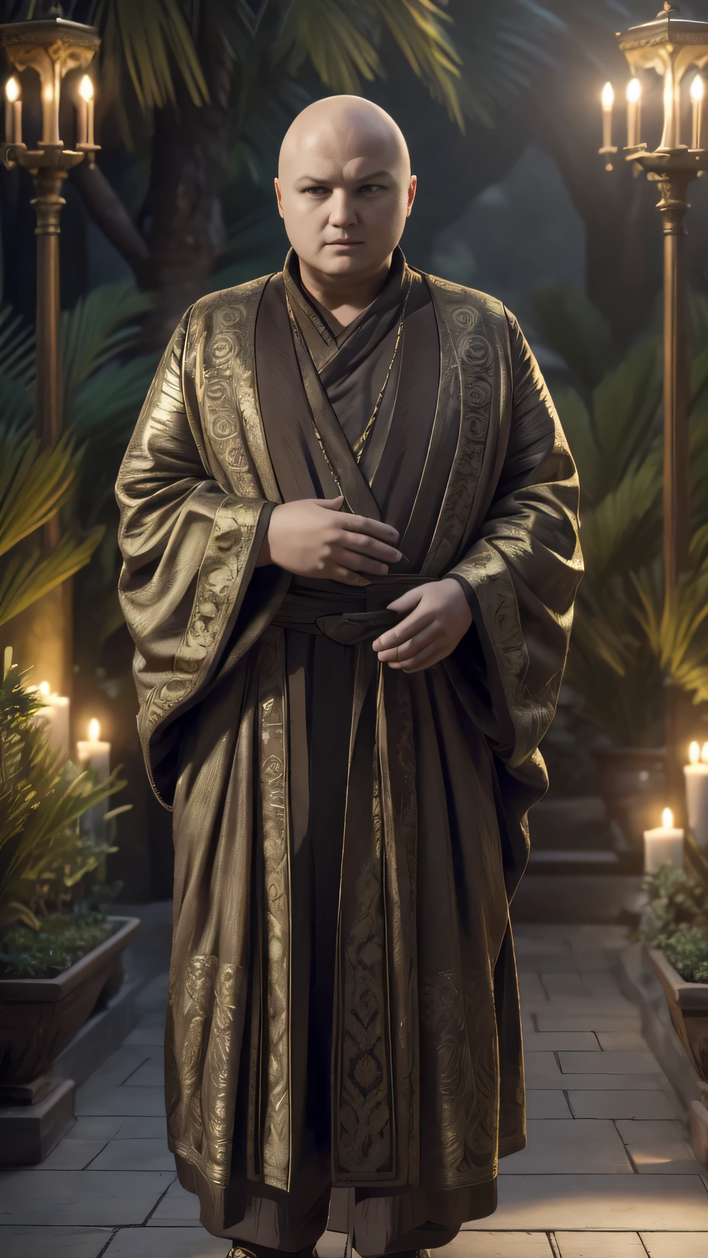 Lord Varys_l0r4va, (golden robe), slippers, standing in the garden, 1man, solo, beautiful detailed glow, detailed, cinematic light, intricate detail, realistic, highres, detailed facial features, high detail, sharp focus, smooth, aesthetic, extremely detailed, stamp, octane render