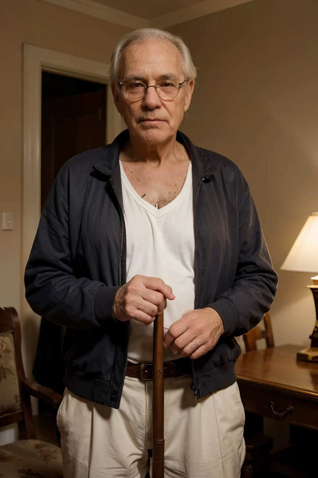 a senior man wearing glasses on his forehead, searching for the missing glasses on the floor, intricate details, highly detailed, cinematic lighting, photorealistic, 8k, realistic, warm color tones, dramatic lighting, depth of field, chiaroscuro, oil painting, impasto texture, dynamic composition, natural skin tones, fine details, masterpiece, beautiful, cinematic, dramatic, atmospheric, moody, emotional