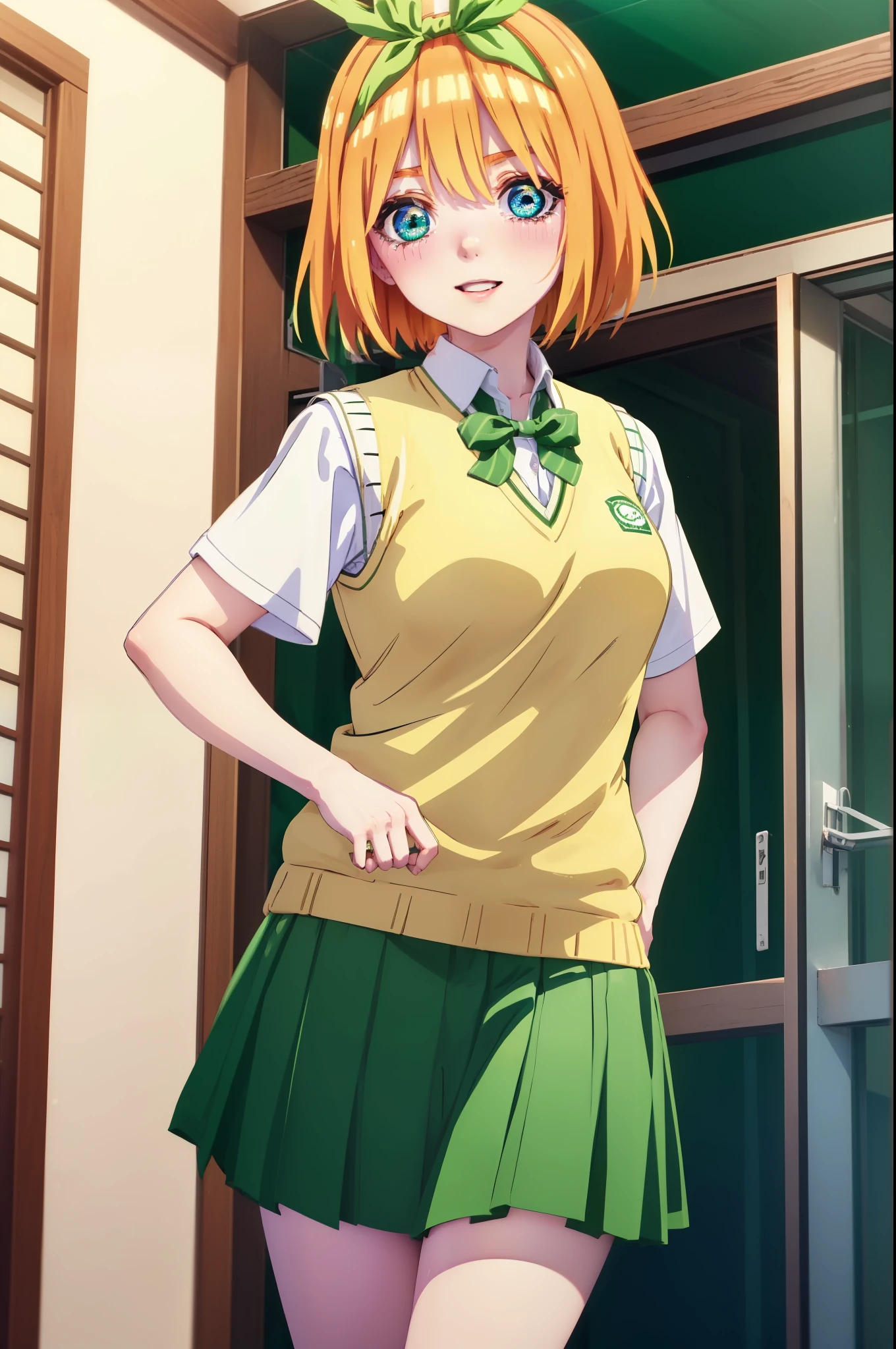 yotsubanakano, yotsuba nakano, bangs, short hair, blue eyes, hair between eyes, hair ribbon, hair band, orange hair, (green ribbon:1.5), smile,tears run down her face,Crying with joy,blush,smile,
Mikan Yuki skirt, shirt, bow, ribbon, , white shirt, short sleeve, pleated skirt, shoes, shoes下, collared shirt, mini skirt, bowtie, black footwear, knee high, green skirt, black shoes下, loafers, green bow, sweater vest, green ribbon, (yellow sweater vest:1.5),evening,sunset,
break indoors, classroom,
break looking at viewer, (cowboy shot:1.5),
break (masterpiece:1.2), highest quality, High resolution, unity 8k wallpaper, (figure:0.8), (detailed and beautiful eyes:1.6), highly detailed face, perfect lighting, Very detailed CG, (perfect hands, perfect anatomy),