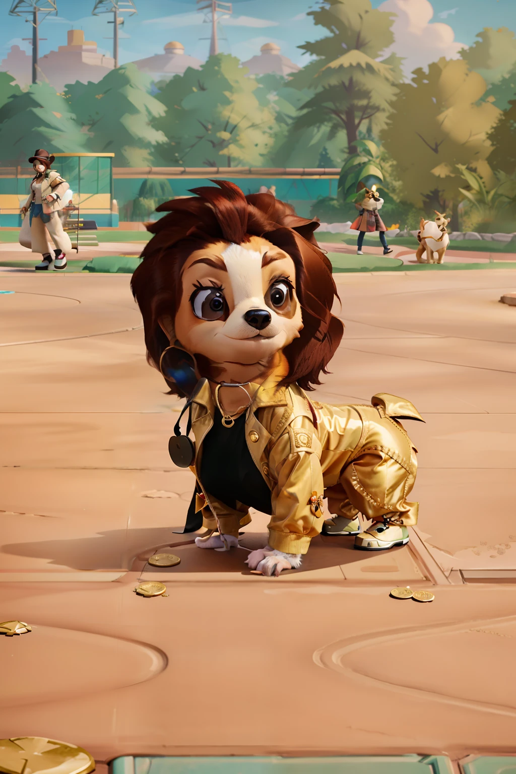 beautiful girl with a dog on a track in a park, fursona wearing stylish clothes, wearing a fancy jacket, pet animal, holding a gold! cane!, casually dressed, very stylish, lol, puppies, by Bob Singer, very stylized, style of maple story, by Olivia Peguero, cute art style, fashion gameplay screenshot, inspired by Bob Singer