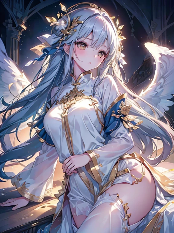 Extremely delicate and beautiful CG illustration, best quality, high resolution, dynamic angle, full-length lens, (1 girl), yellow eyes and straight white long hair, floating, soft light, high-profile lighting), angel