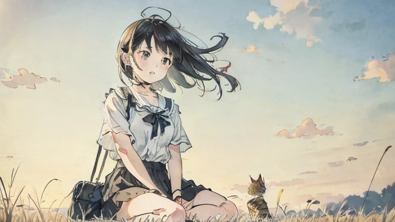 (1:1)kitten next to girl、field、sit、A cat toy in front、The sky is clear、The wind is blowing