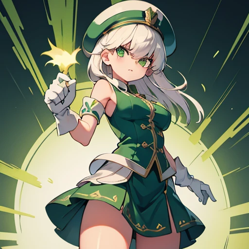 Women,white hair,square cut hair,Long hair,Green eyes, breasts,green short skirt dress with Green details, white gloves,green dress,angry,hat