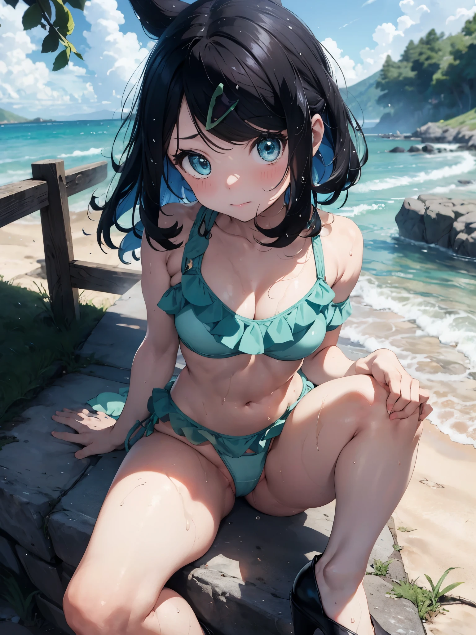 (NSFW:1.3)、 ,pokemon leak, hair clip、(Frill bikini wiTh whiTe minT green lines:1.2)、blue eyes、
 ,,,SweaT, weT wiTh SweaT, Shin, heels, feeT, five fingers, fine hands, , alone, ,  feeT, (socks:0),i don&#39;t&#39;T&#39;flip flops, release feeT, , release feeT, sandy beach,,dim、evening、, Thin, no muscles, normal body,