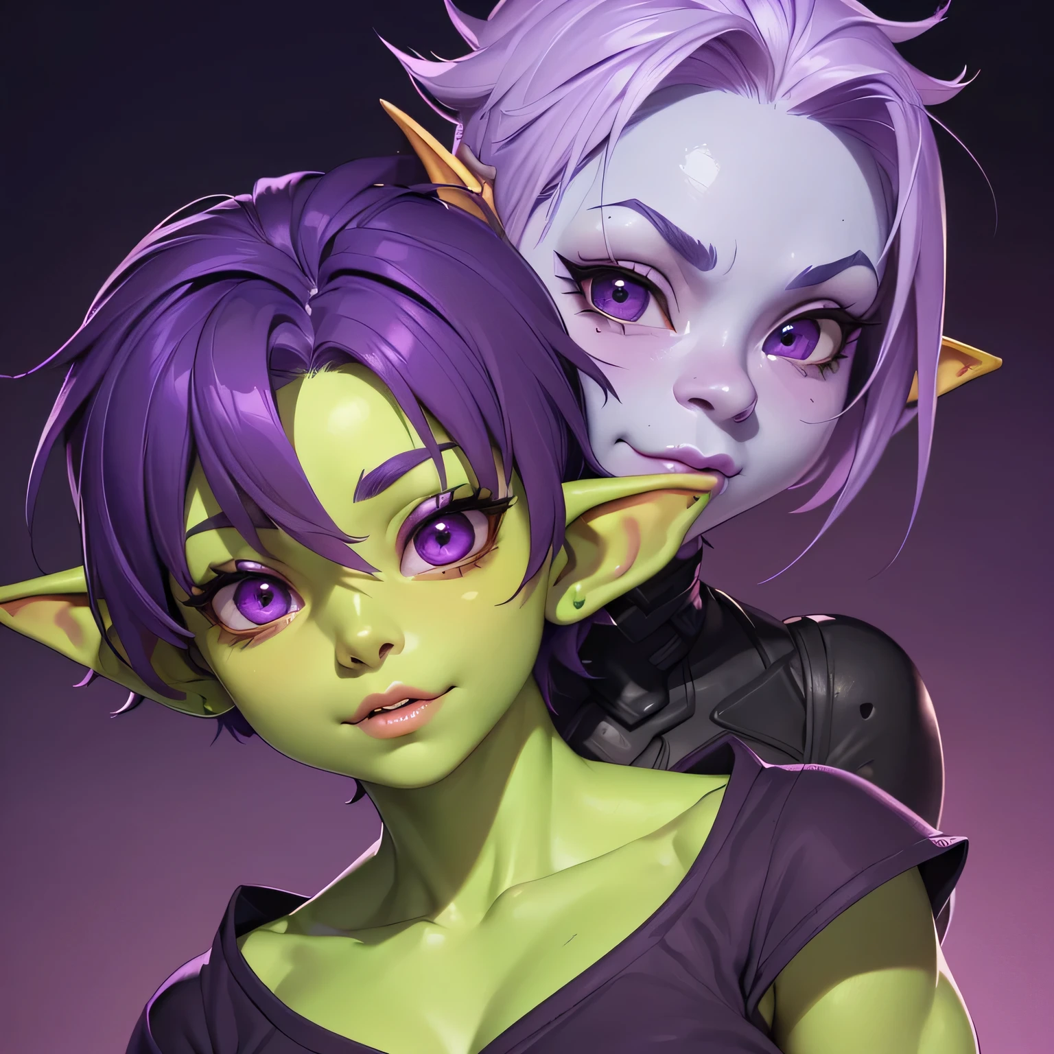 ((Masterpiece)) ((Perfect Face)) ((Beautiful)) ((Short)) ((Muscular Figure)) ((Goblin Woman)) ((Green Skin)) ((Short Purple Hair Shaved on the Sides)) ((Purple Eyes)) ((Round Face)) ((Pretty)) ((Soft Features)) ((Happy)) ((Feminine Face)) ((Full Lips)) ((Cute Nose))