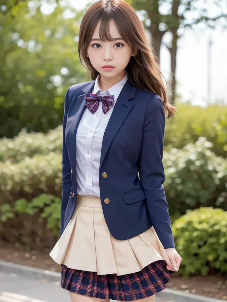 (masterpiece, highest quality:1.4), award-winning portraits, 8K, 85mm, alone, beautiful face, delicate girl, , (dark navy blazer jacket), dark navy skirt, long sleeve, violaces, gardenia, grace, Sophisticated, cute, teen, looking at the viewer, , Raw photo, disorganized, HDR, sharp focus, A bow tie, background bokeh、(((flat 、thin and delicate body、A childish atmosphere)))、Her shiny semi-long hair is tied up、hair swaying in the wind、Mole on the left cheek、large, round, dark blue eyes、full body、random pose、Run、sprinting、Skirt fluttering in the wind、Junior idol、Nogizaka Idol、widening skirt、jump、mole under eye、sexy