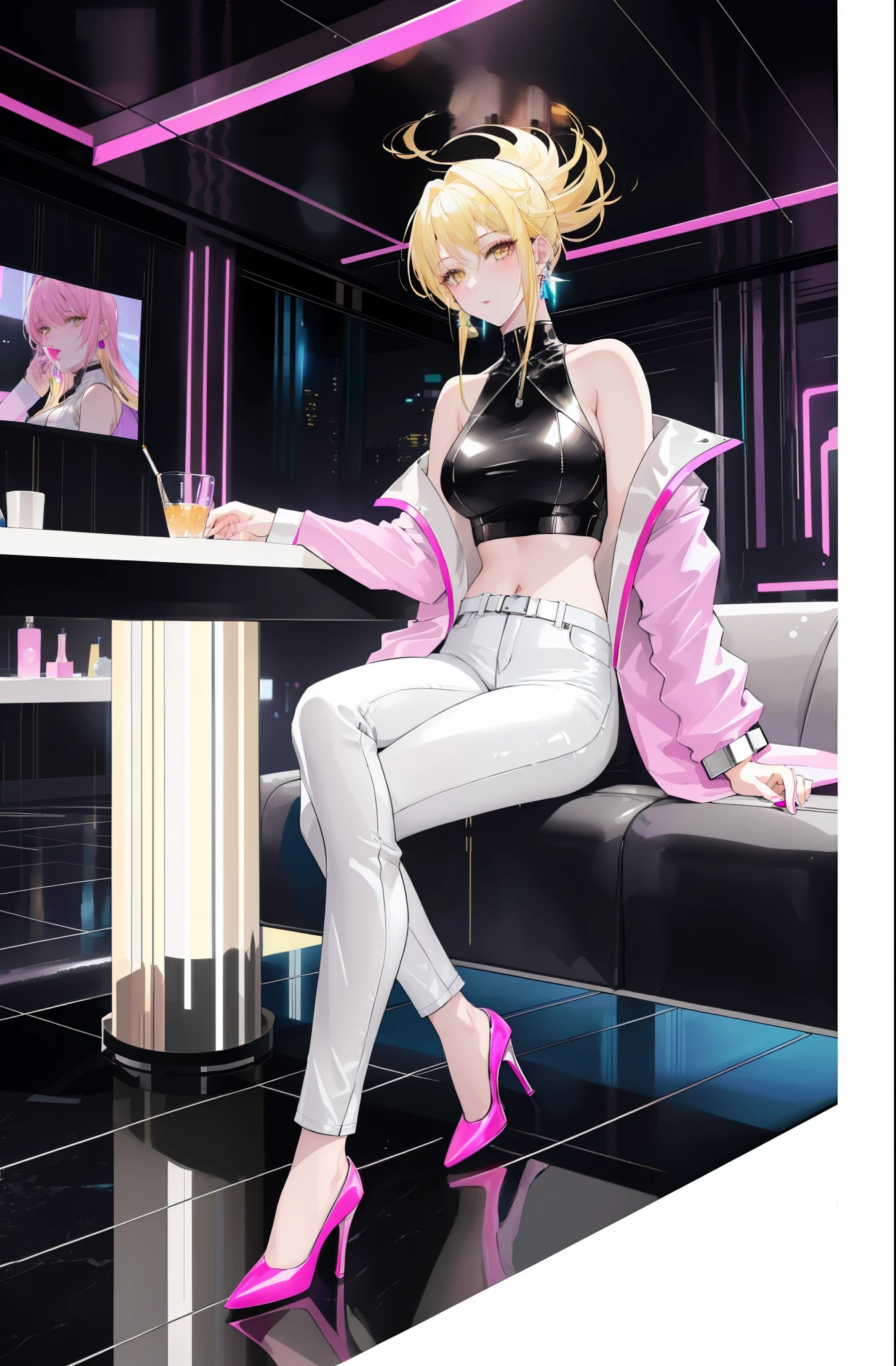 Female, Blonde Hair, Yellow Eyes, White Crop Top Overcoat, Pink Crop Top, Blue Neon Inline, Raining, Cyberpunk, Club Lounge, Long Blonde Hair, Drink in Hand, Earrings, Mature, Neon Lights, Nighttime Shot, Looking down at Viewer, Neon Lights, Lightshow Background, Party Room, Leather Sofa, Marble Table, Floating Bubbles, White Jeans, Silver Heels, Pale Skin, Pink Lips, Long Eyelashes, Smoking, Heavy Shadows, Detailed Face, Detailed Eyes, Full Body Shot, Sitting at Table, High Class Establishment, Grey Marble Table.