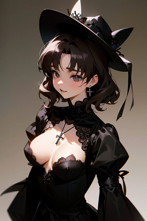 Akina Nakamori、black lace dress、25 years old、beautiful woman、Sexy、White cross necklace on chest、gothic style、miniature small hat、Sharp and cute、Beautiful woman、