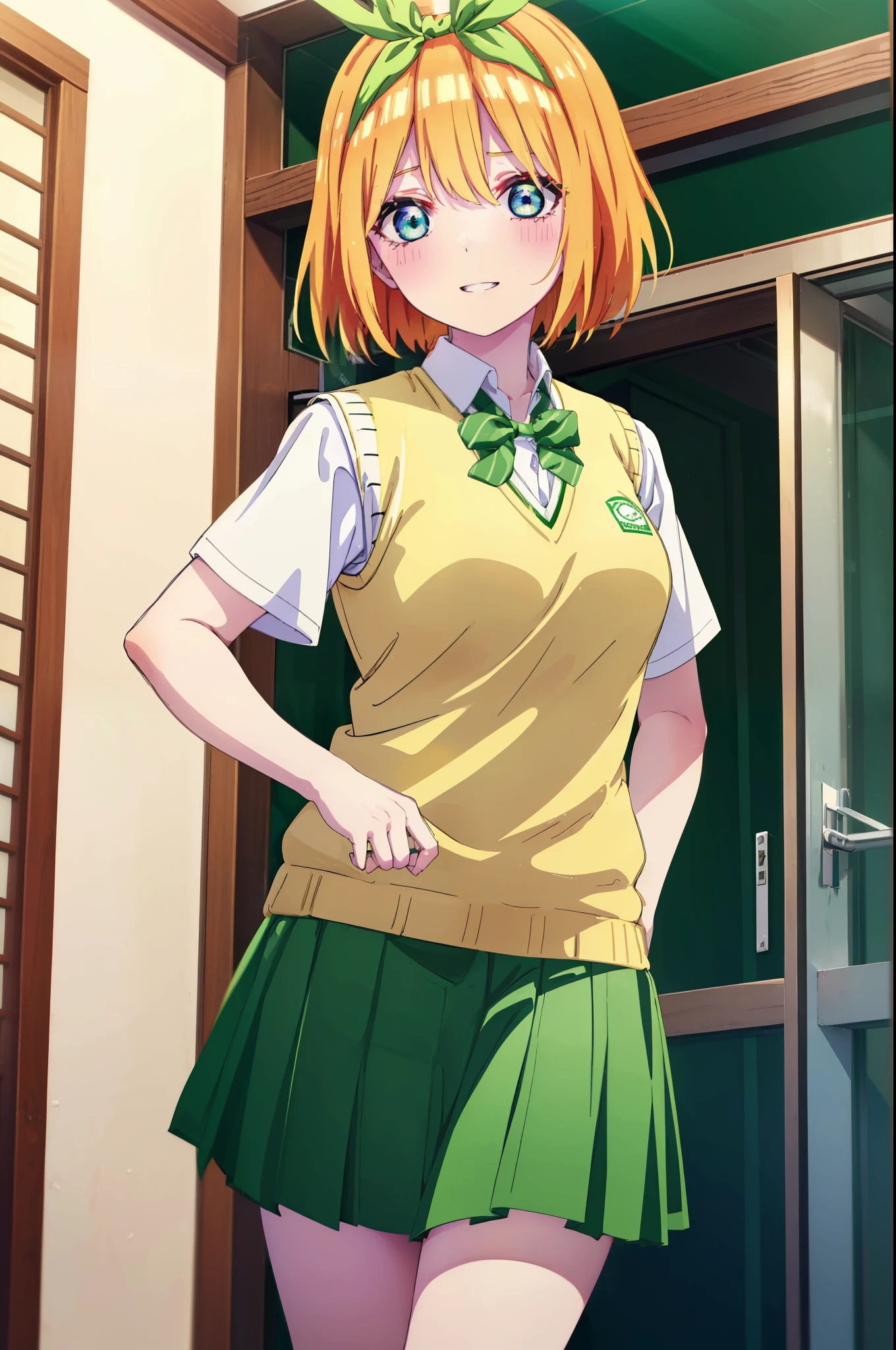 yotsubanakano, yotsuba nakano, bangs, short hair, blue eyes, hair between eyes, hair ribbon, hair band, orange hair, (green ribbon:1.5), smile,tears run down her face,Crying with joy,blush,smile,
Mikan Yuki skirt, shirt, bow, ribbon, , white shirt, short sleeve, pleated skirt, shoes, shoes下, collared shirt, mini skirt, bowtie, black footwear, knee high, green skirt, black shoes下, loafers, green bow, sweater vest, green ribbon, (yellow sweater vest:1.5),evening,sunset,
break indoors, classroom,
break looking at viewer, (cowboy shot:1.5),
break (masterpiece:1.2), highest quality, High resolution, unity 8k wallpaper, (figure:0.8), (detailed and beautiful eyes:1.6), highly detailed face, perfect lighting, Very detailed CG, (perfect hands, perfect anatomy),