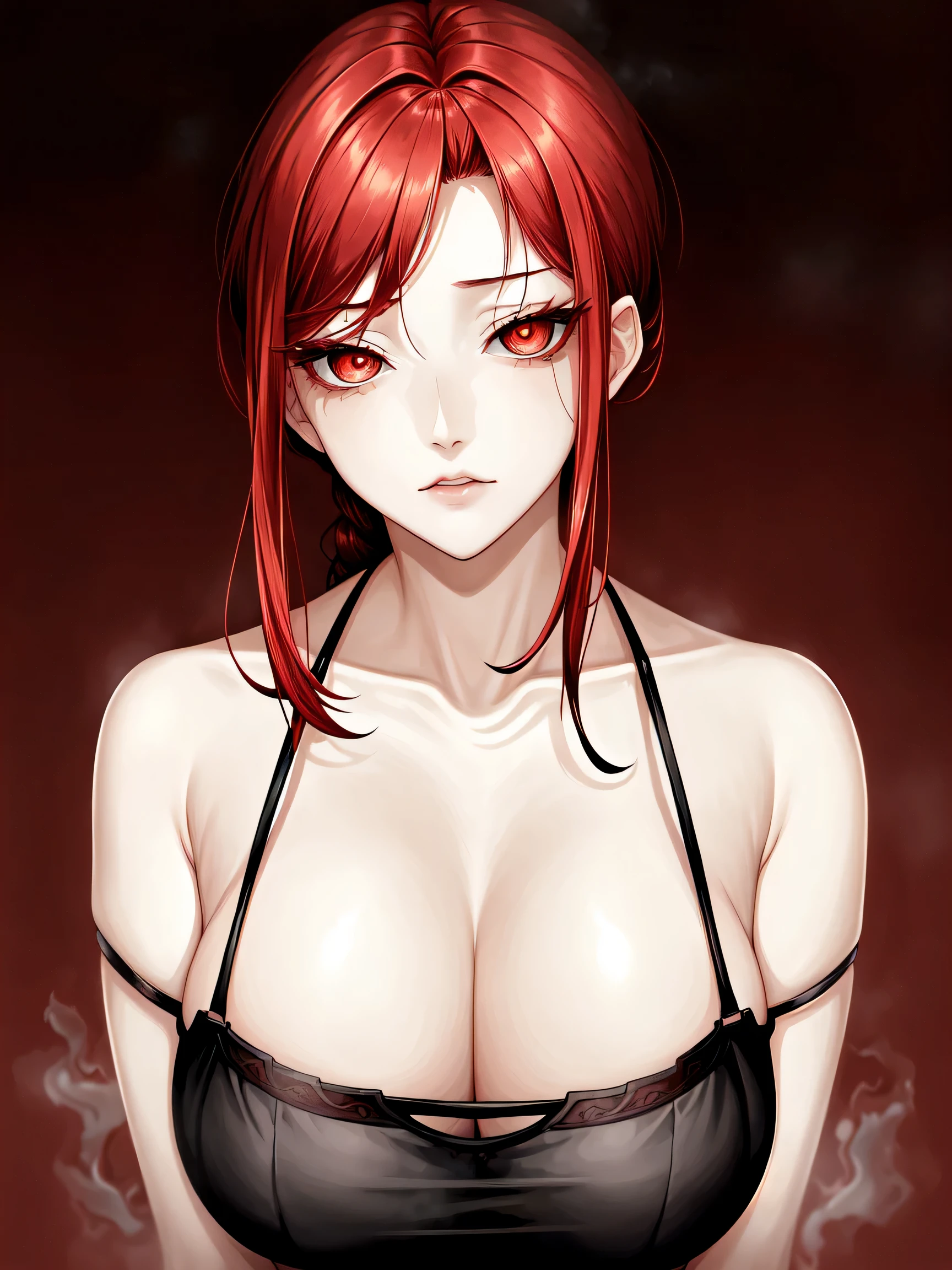 bare shoulder,sexy, cleavage,1 girl, red eyes, with rings in eyes, portrait, red hair,simple background, (masterpiece,best quality),lips, spark ,niji style, camisole, Pullover Sweater , niji artists background,in the villa, steamy, steam , sad,deep red gradient background,