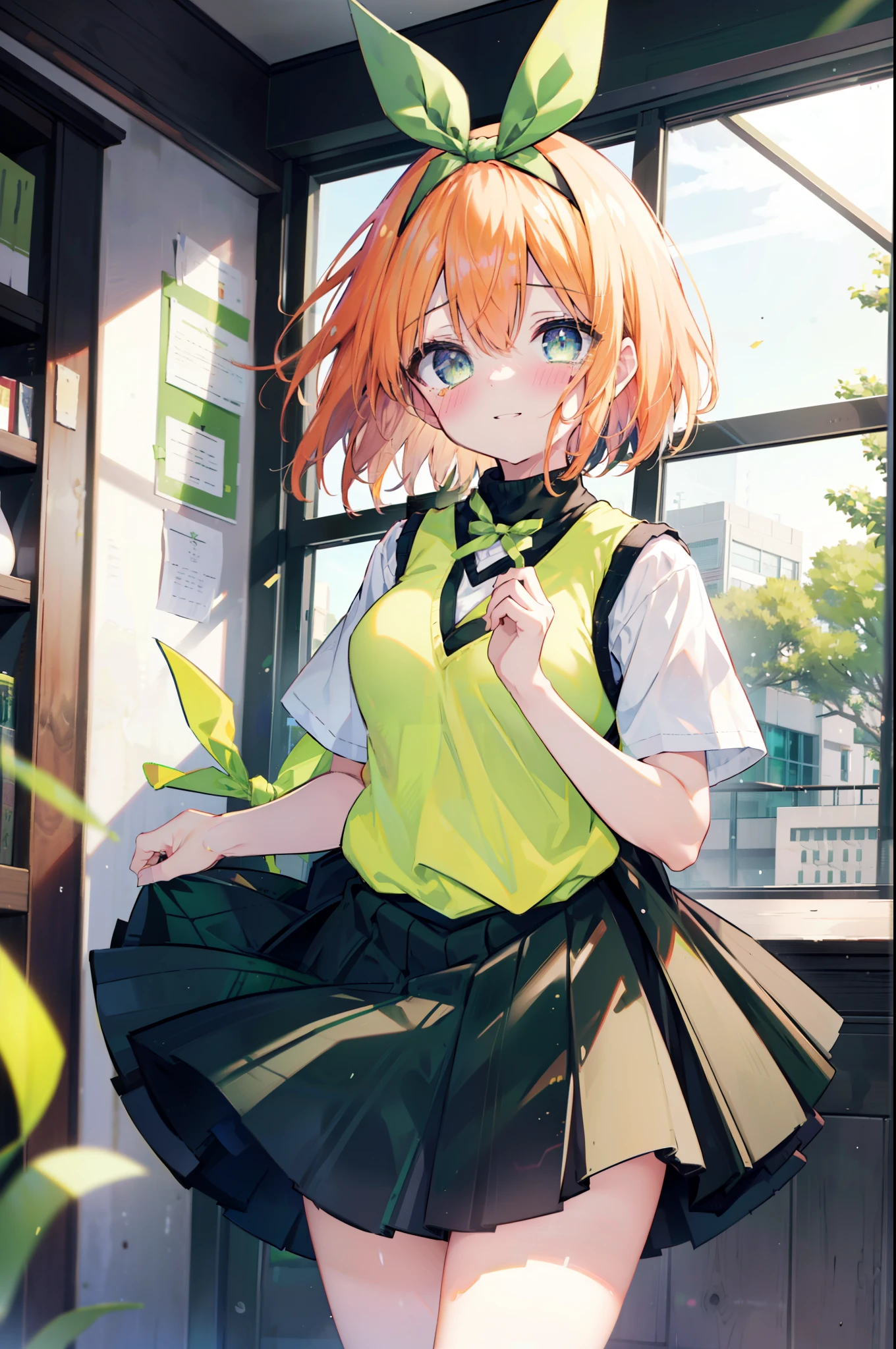 yotsubanakano, yotsuba nakano, bangs, short hair, blue eyes, hair between eyes, hair ribbon, hair band, orange hair, (green ribbon:1.5), smile,tears run down her face,Crying with joy,blush,smile, 
Mikan Yuki skirt, shirt, bow, ribbon, , white shirt, short sleeve, pleated skirt, shoes, shoes下, collared shirt, mini skirt, bowtie, black footwear, knee high, green skirt, black shoes下, loafers, green bow, sweater vest, green ribbon, (yellow sweater vest:1.5),window　building street,evening,sunset,
break indoors, classroom,
break looking at viewer, (cowboy shot:1.5),
break (masterpiece:1.2), highest quality, High resolution, unity 8k wallpaper, (figure:0.8), (detailed and beautiful eyes:1.6), highly detailed face, perfect lighting, Very detailed CG, (perfect hands, perfect anatomy),