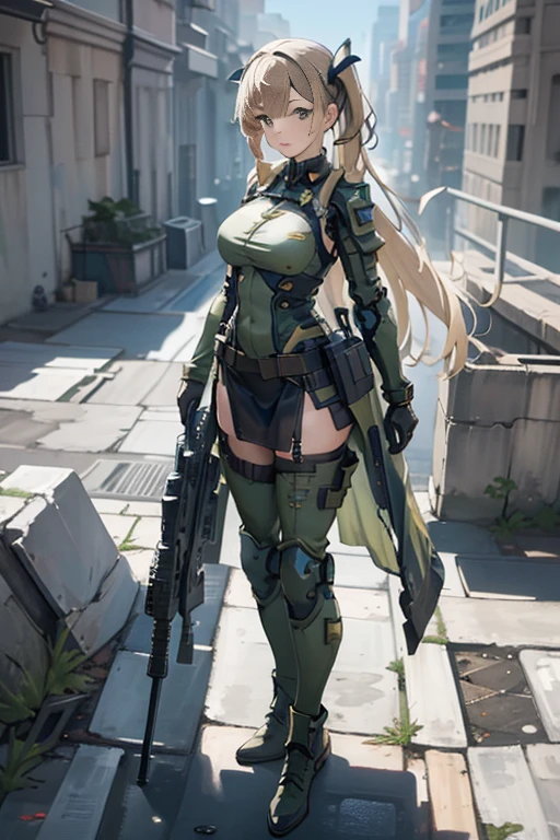 Beautiful female soldier in a green uniform holding a gun,tattered military gear, mechanized soldier girl, oversized mechanical exoskeleton arms and legs,girl in mecha armor,mechanized valkyrie girl,infantry girl,Barely Clothed, cammo patterns,Beautiful Face,Digital Art,Extreme Detail,Character Design,Volumetric Lighting,Reflections,Glossy,Digital Illustration,Pose,Suggestive Pose, Lewd,Full Body Shot,(complicated background),(Delicate images),(Photorealistic: 1.4),(Highly detailed),(high resolution),(Best quality),(masterpiece)