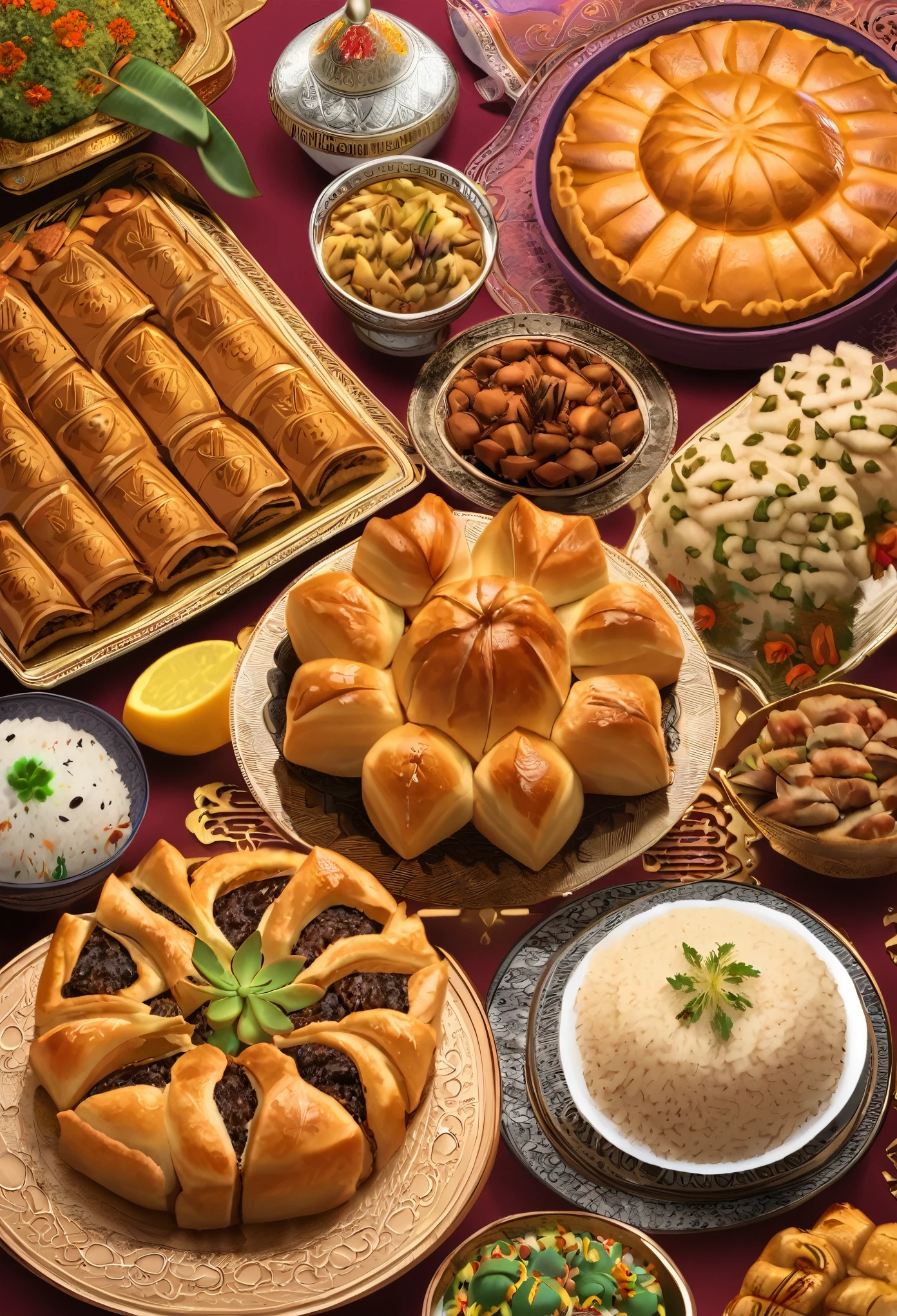 Illustrate a lavish spread of delicious Eid delicacies, including succulent lamb or goat dishes, aromatic rice, and an array of delectable sweets like baklava and ma'amoul.