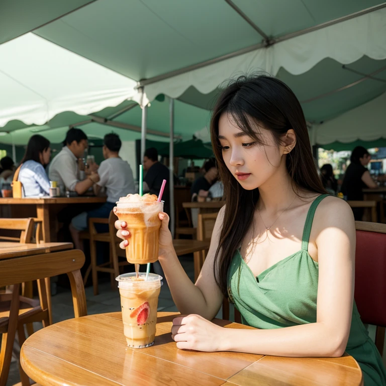 there is a woman wear dress green sitting in a chair drinking a drink, sitting in big white tent shop, in a coffee shop, drinking a strawberry iced , sitting in a table alone, drinking boba tea, with a straw, with a drink, sitting Alone in a coffee shop big white tent , drinking strawberry iced , Xintong Chen, in a bright  shop, holding a drink, drinking, drinking strawberry iced.