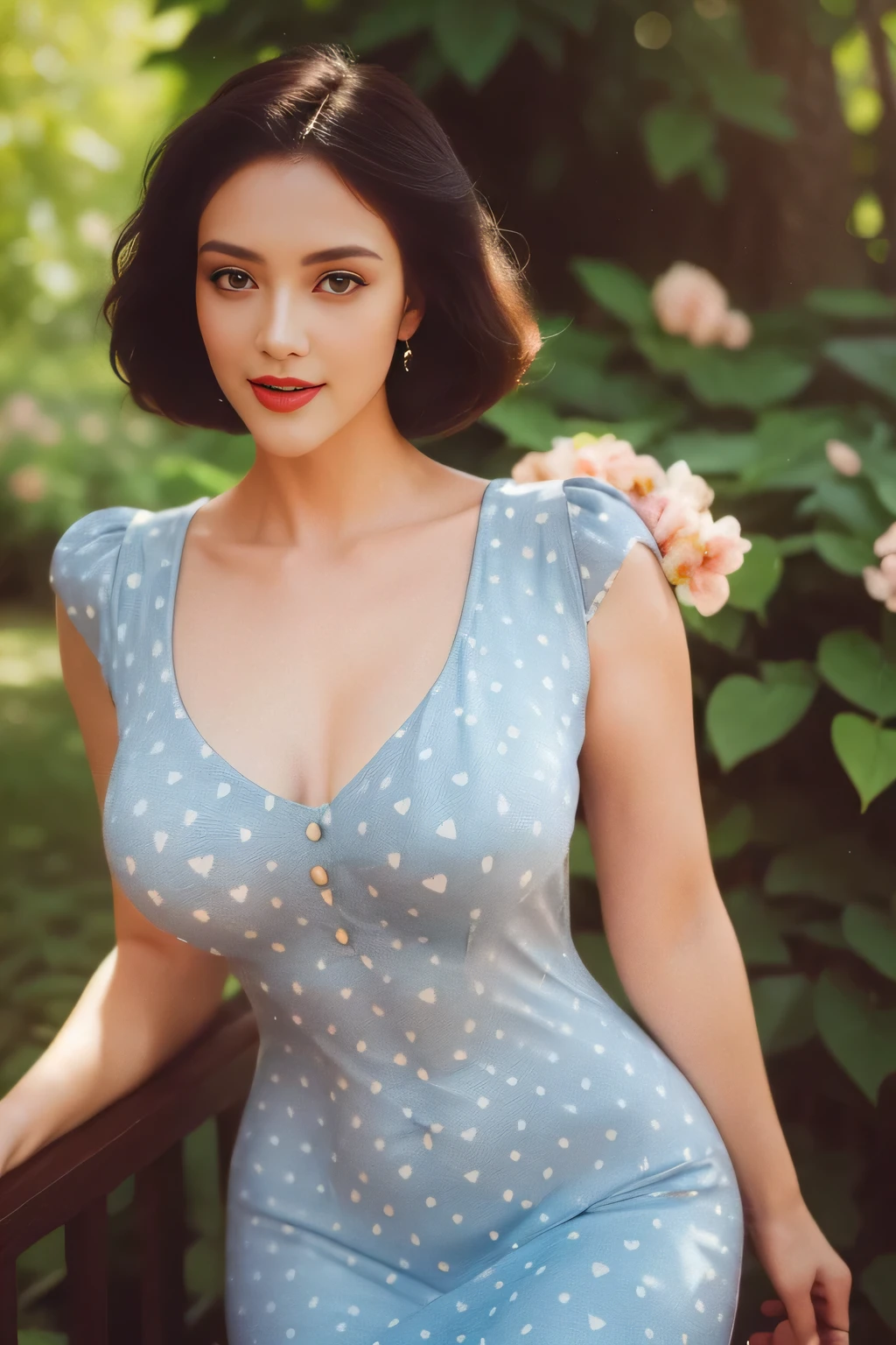 beautiful girl ,Russian Female Model, dynamic poses, smile, (Retro Polka Dot Heart Dress), Short bob wave hair,black eyes,abdominal muscles, plumpy body, rounded breast, cleavage, (big breast:1.3), Morning sunshine,Eyes on the audience,  (dynamic poses), ((face details)),Double eyelids, reeds, realistic, masterpiece, highest quality, lens flare, vintage, vintage style, Retro, Retro style, shade, bloom, outdoor background, [[chromatic aberration]], by Jeremy Lipking, by Antonio J. Manzanedo, digital painting, HDR, high contrast, Retro Film Camera