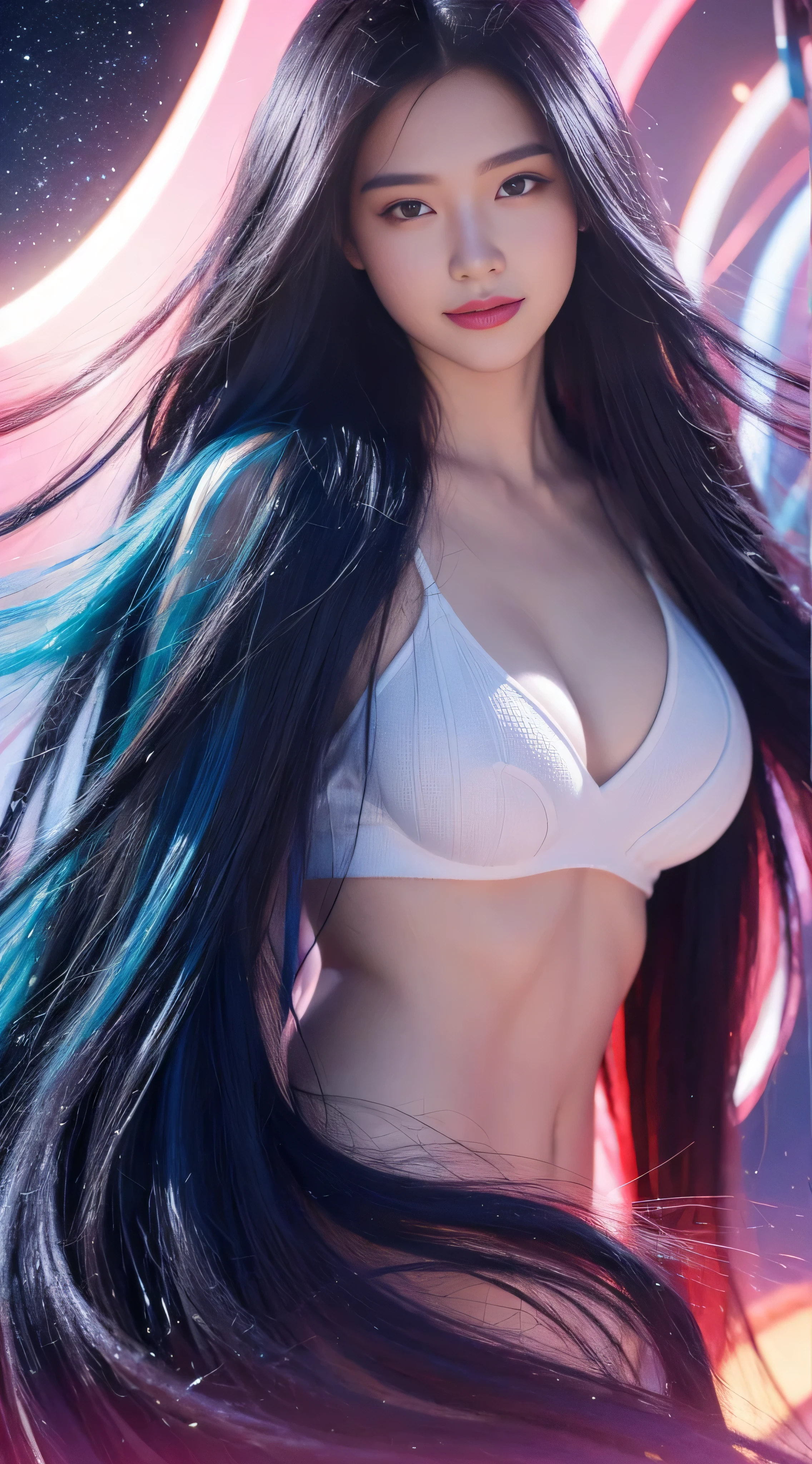 Far shot,galaxy,smile brightly,Drawing of a woman with long hair and colorful hair, Beautiful digital illustrations, Beautiful digital illustrations, Gorgeous digital art,big breasts, Beautiful artistic illustrations, Beautiful digital artwork, Beautiful digital art, Beautiful digital illustrationss, complex digital painting, very Beautiful digital art, bright digital painting, beautiful Gorgeous digital art, Long, flowing hair is hypnotizing., colorful digital painting, Inspiring digital art, Cool digital art