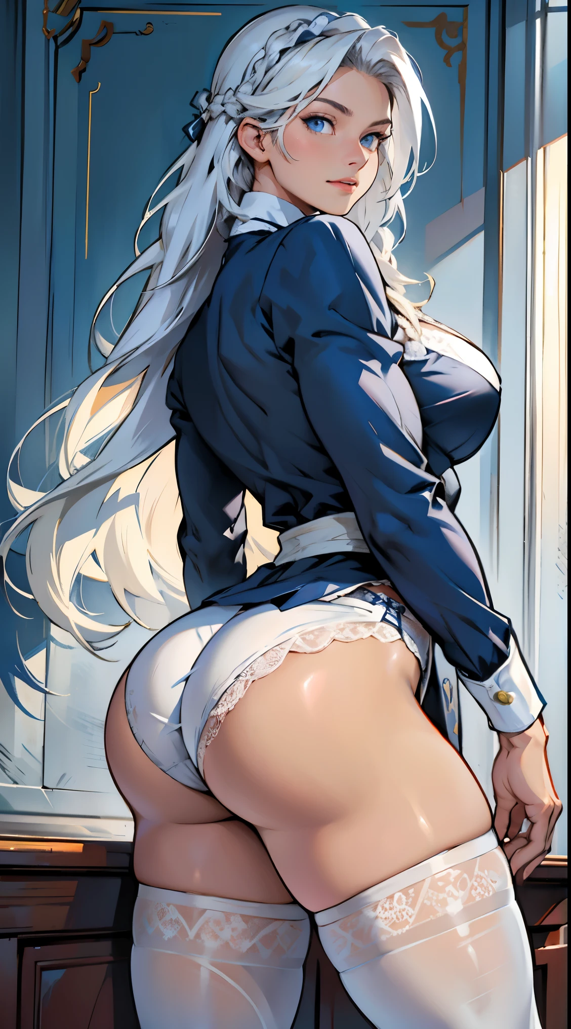 photorealistic, high resolution, 1 Brazilian women, shining skin, solo, perfect face, (long white braided hair), (blue eyes), closed mouth, (muscular legs), medium breasts, lace underwear, stockings, maid uniform, bends over, shot from back, at room